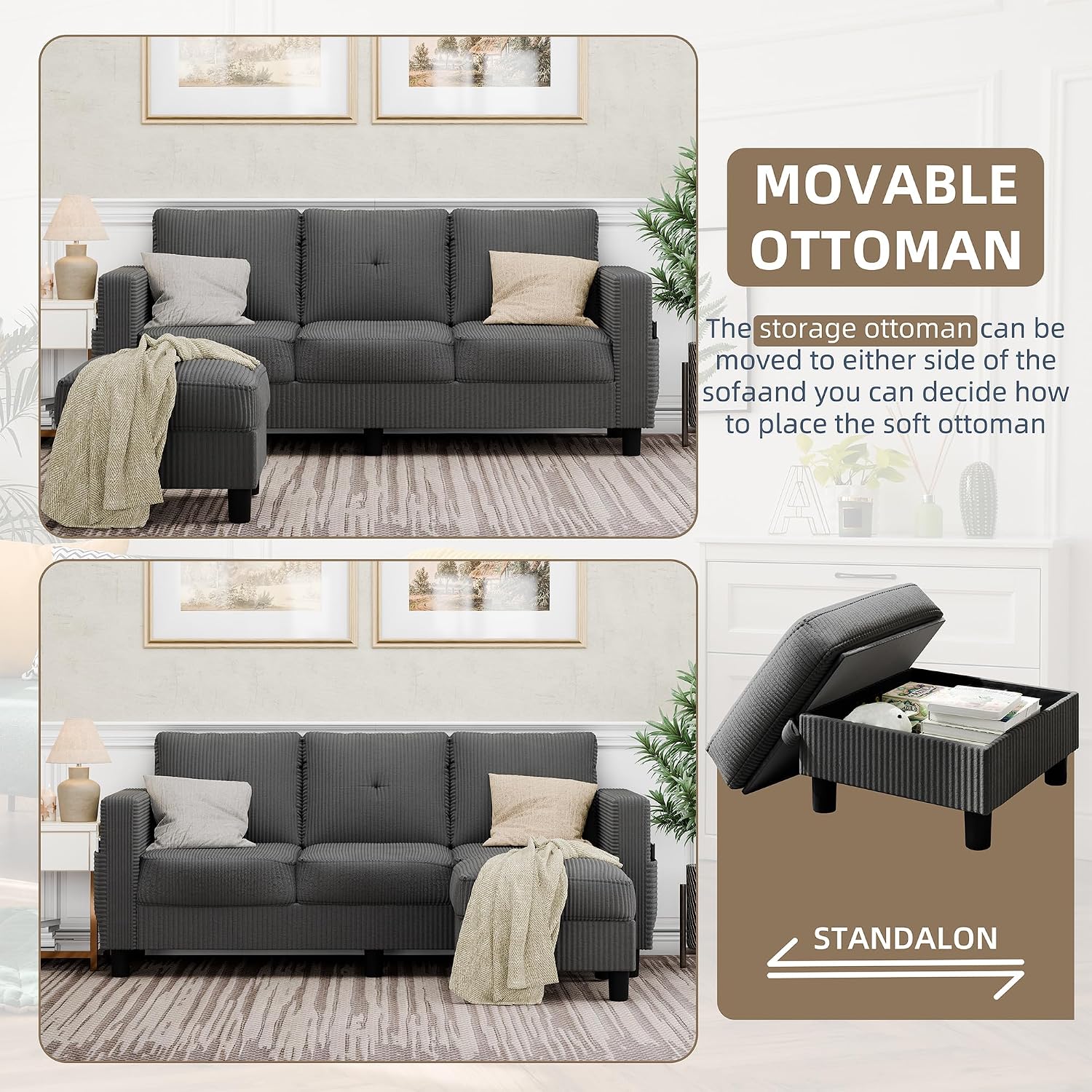 Convertible Sectional Sofa with Storage Ottoman, 77' L-Shaped 3-Seat Couch with Skin-Friendly Corduroy Fabric, Reversible Small Sectional for Small Space, Apartment, Living Room and Office(Dark Grey)