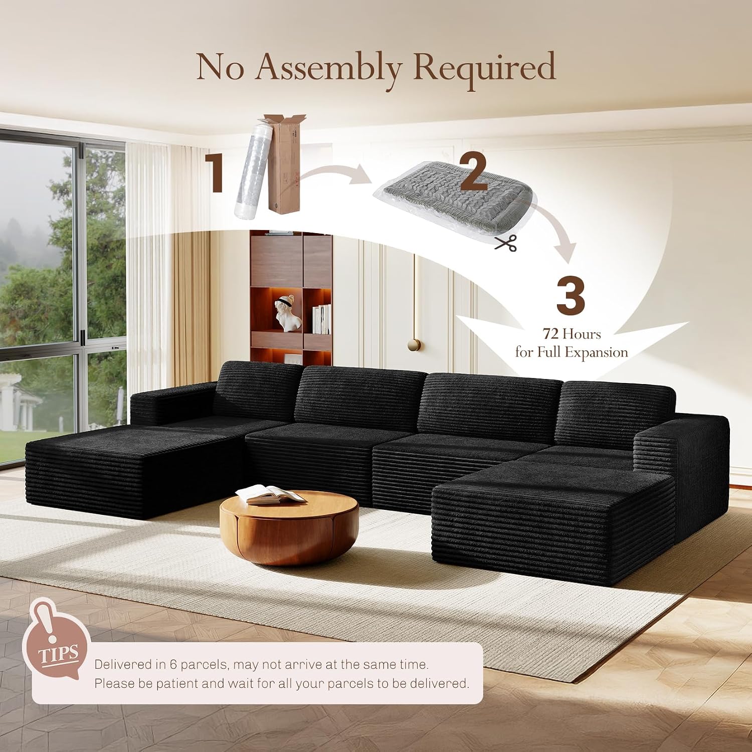 Vesgantti 159' Large Modular Sectional Sofa, U-Shaped Corduroy Cloud Couch with Deep Seats & Spring Support, 4-Seater Boneless Sofa with 2 Movable Ottomans, No Assembly Needed, Black