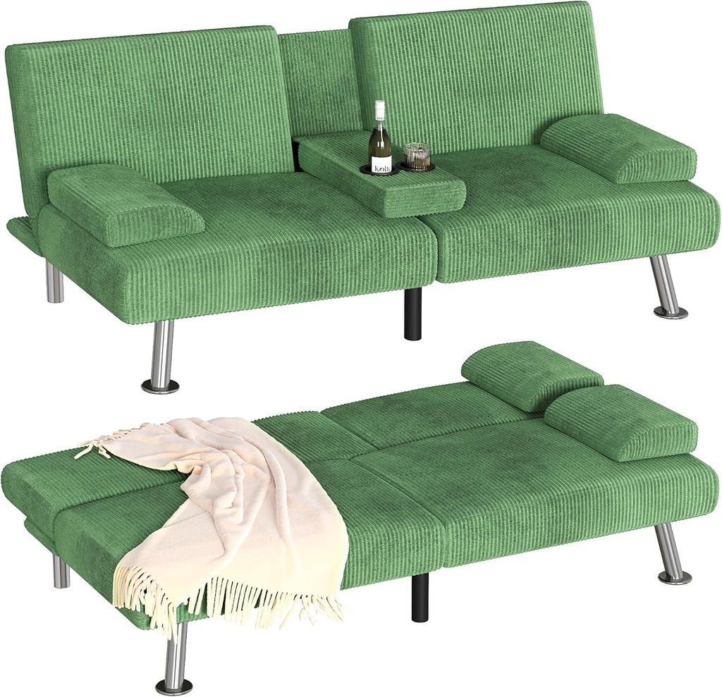 Homall Futon Sofa Bed, Futon Couch with Removable Armrests, Adjustable Recliner Sleeper Sofa Bed with Dual Cup Holders for Living Room, Apartment, Office (Corduroy, Green)