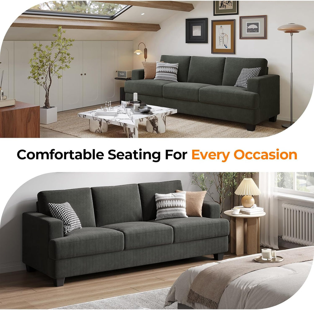 COPIAE 89 Inch Sofa with Extra Deep Seats Oversize, 3 Seater Sofa for Living Room, Modern Couch and Sofa, Comfy Armrests and Seats and Backrests, Easy Installation, Corduroy Fabric Grey
