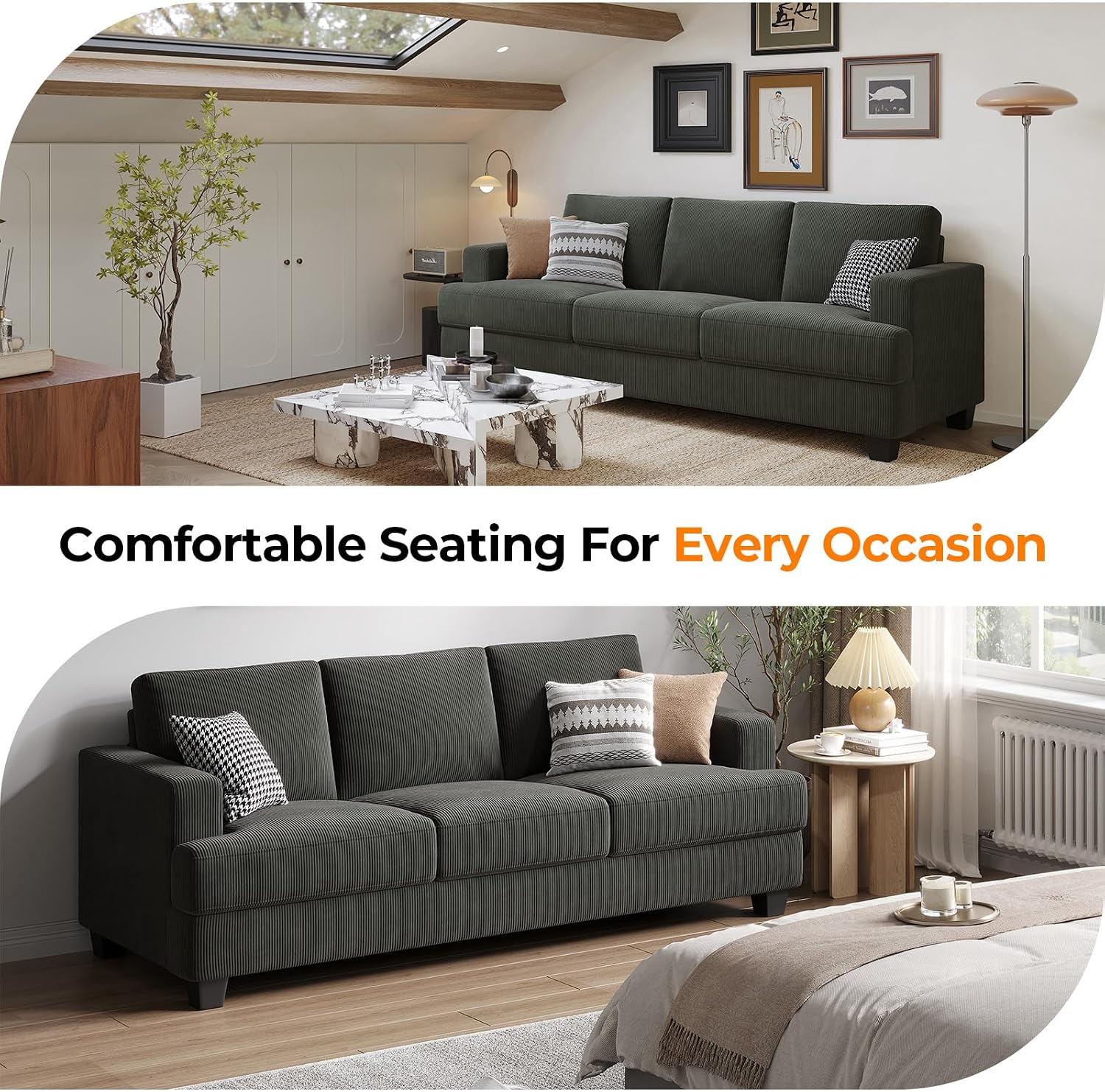 COPIAE 89 Inch Sofa with Extra Deep Seats Oversize, 3 Seater Sofa for Living Room, Modern Couch and Sofa, Comfy Armrests and Seats and Backrests, Easy Installation, Corduroy Fabric Grey