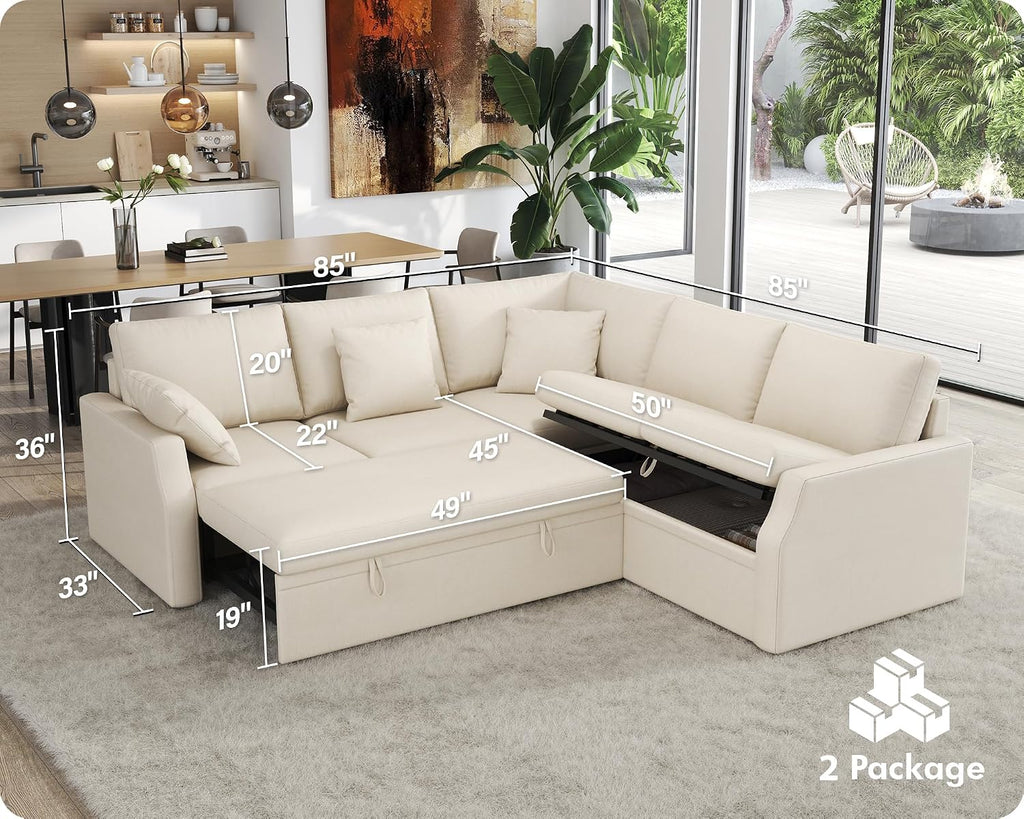 AMERLIFE 85 Inch Sofa Bed, Oversized L Shape Couch with Pull Out Bed & Storage Seat, Oversized Reversible Sleeper Sofa for Living Room Apartment, Beige Linen Couch