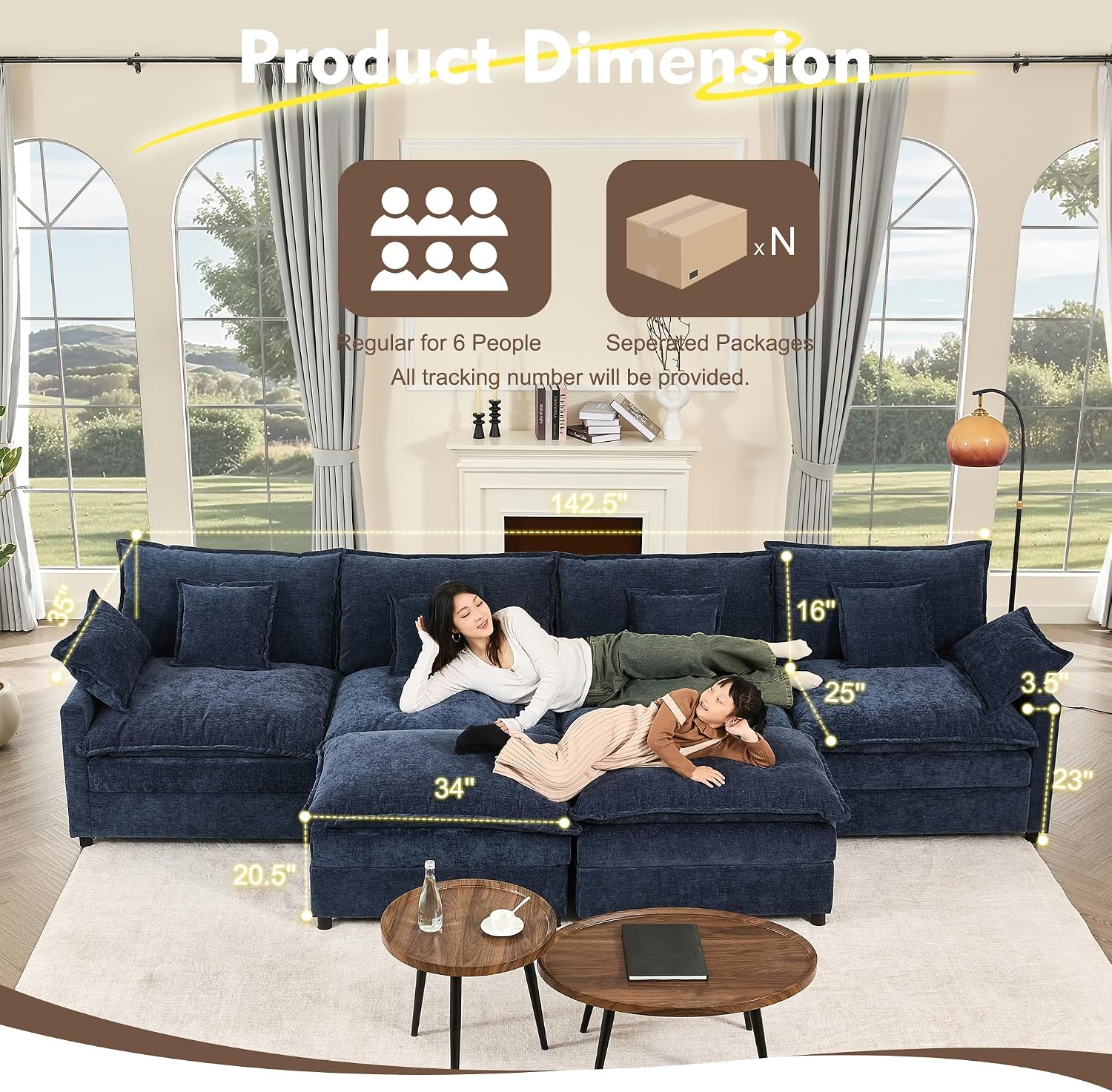 GOSUHI 142.5' U Shaped Couch, Modular Sectional Sofa, 3-Seater Comfy Cloud Couch, Set of Modular Pieces with Movable Ottoman, Deep Seat Couches for Living Room, Chenille, Navy