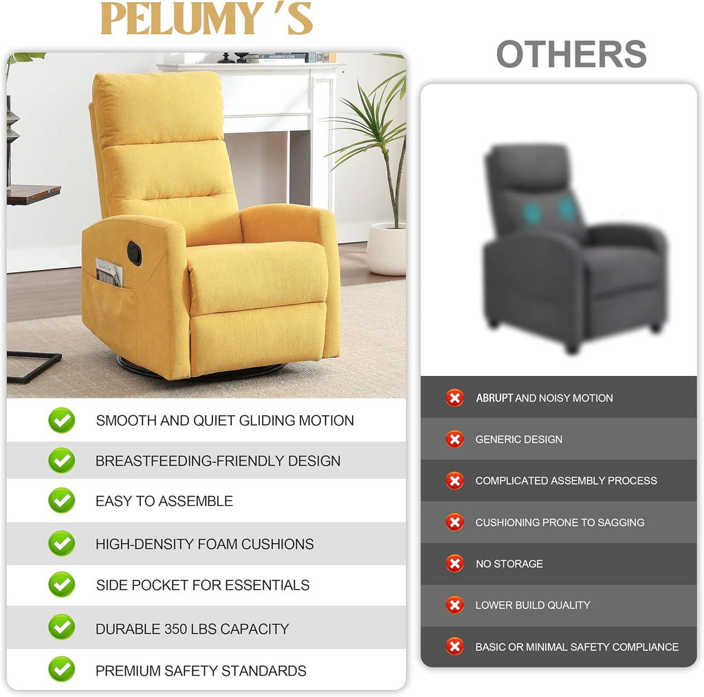 PELUMY Manual Recliner Chair, 360° Swivel Glider and Rocker Recliner with 155° Recline, Compact Fabric Recliner for Small Space, Nursery, Living Room, Bedroom, No Tools Assembly (Yellow)