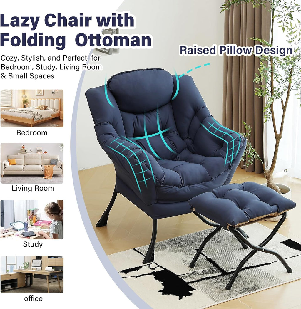 Furlide Lazy Chair with Ottoman, Modern Accent Chairs with Folding Footrest, Navy Blue Sofa Chair Set, Comfortable Reading Chairs, Oversized Armchairs for Bedroom, Study, Living Room, Courtyard