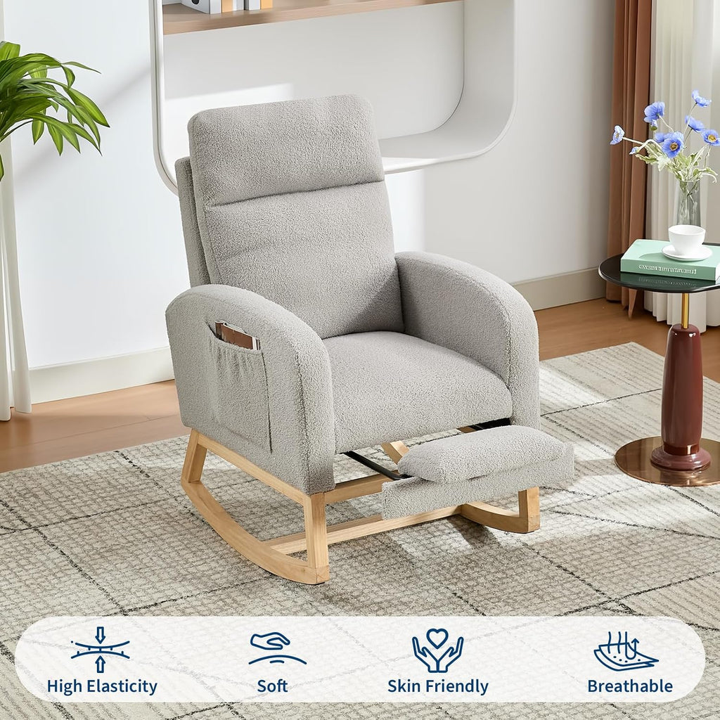 Nursery Rocking Chair with Foot Rest,Modern PU Upholstered Reading Glider Chair,High Backrest & Side Pocket for Living Room, Bedroom, Baby Room