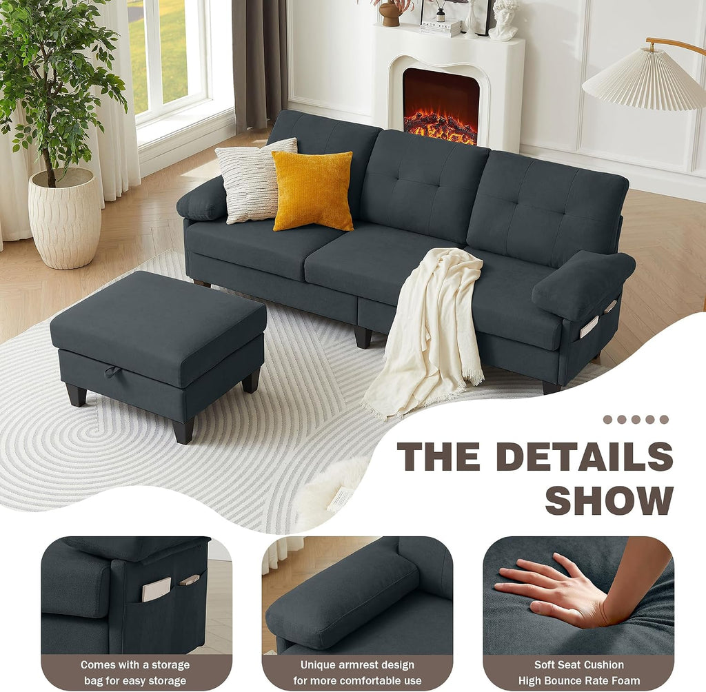 84' Sectional Sofa with Chaise, L Shape 3-Seat Couch with Storage Movable Ottoman, Polyster Fabric for Living Room,Apartment and Small Space, Dark Grey