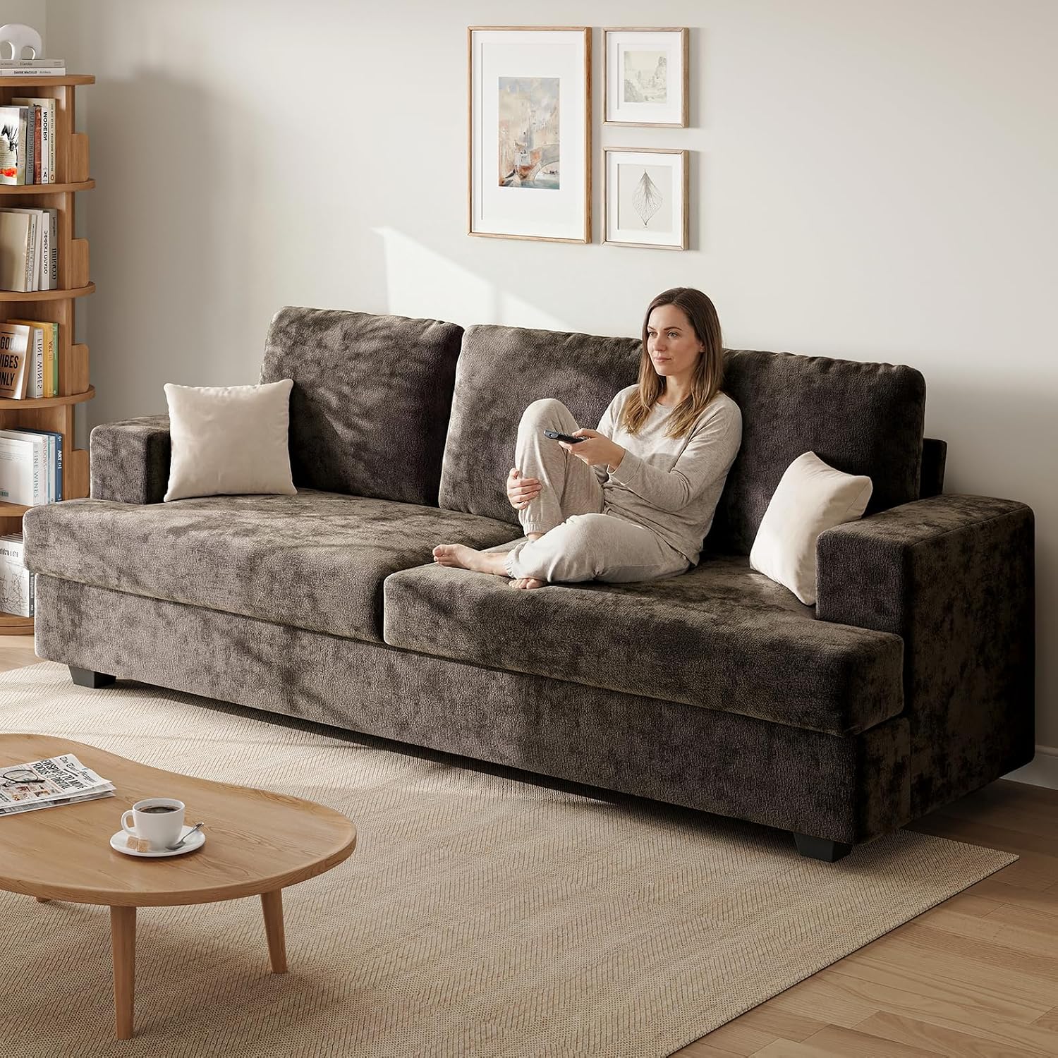 89' Brown Couches for Living Room, 3 Seater Couch with Deep Seat, Oversized Loveseat Sofa for Apartment and Small Spaces