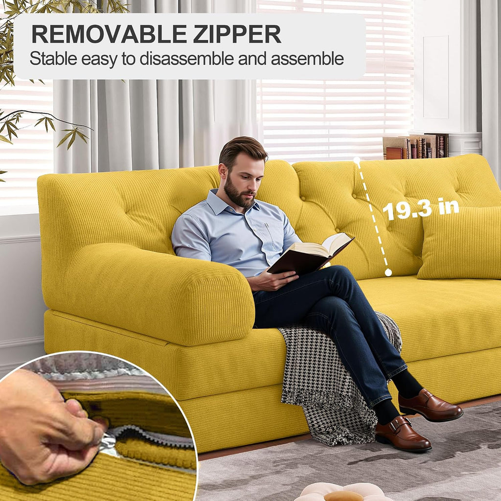 79' Convertible Sofa Bed with Pillows, Corduroy Folding Sleeper Sofa with Fixed-Shape Frame, Boneless Couch for Living Room Bedroom, Floor Sofa Lounge No Assembly Required (C - Style - Yellow)