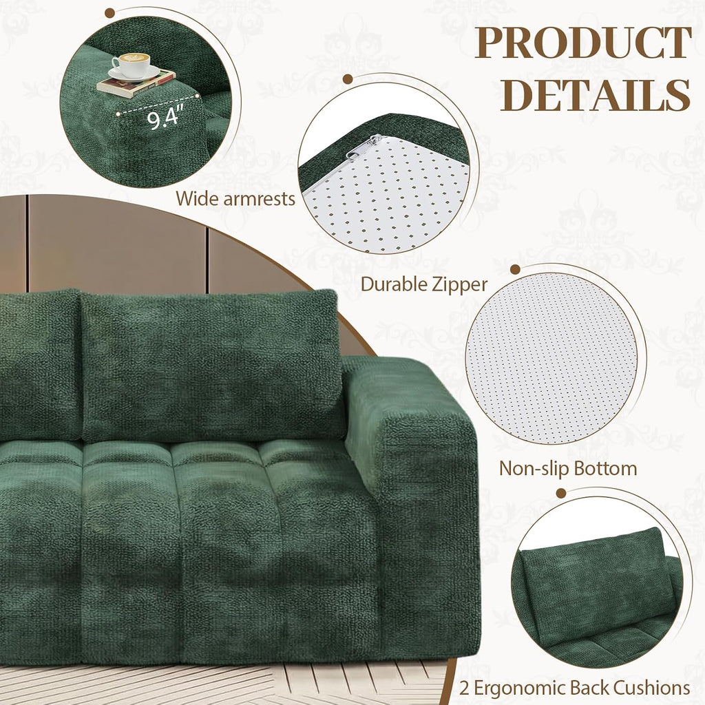 EROMMY 76'' Boneless Couch, 3 Seater Cloud for Living Room, Oversize Loveseat Sofa with Wide Armrest and 2 Back Support, No Assembly Required Chenille Soft Sofa, Dark Green