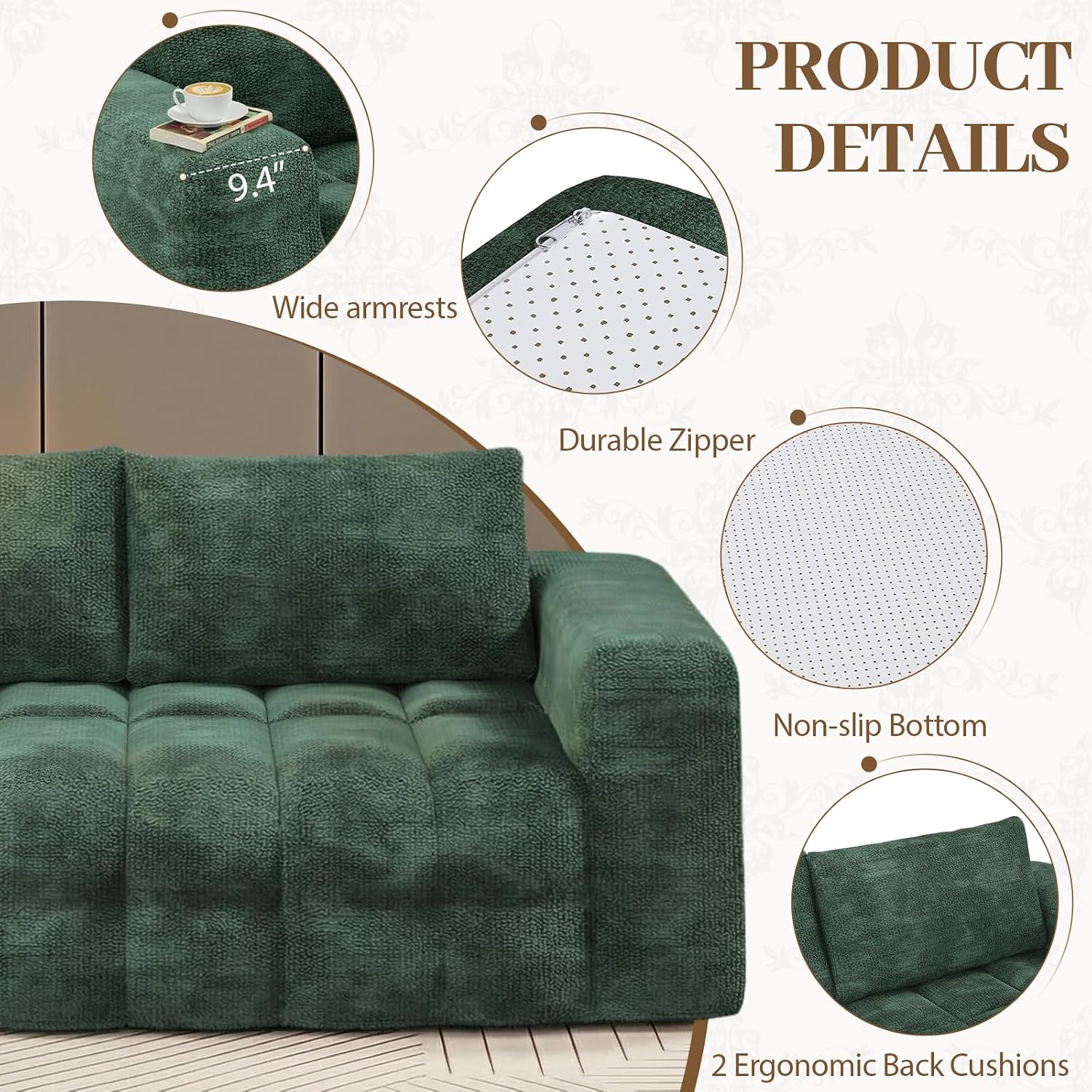 EROMMY 76'' Boneless Couch, 3 Seater Cloud for Living Room, Oversize Loveseat Sofa with Wide Armrest and 2 Back Support, No Assembly Required Chenille Soft Sofa, Dark Green