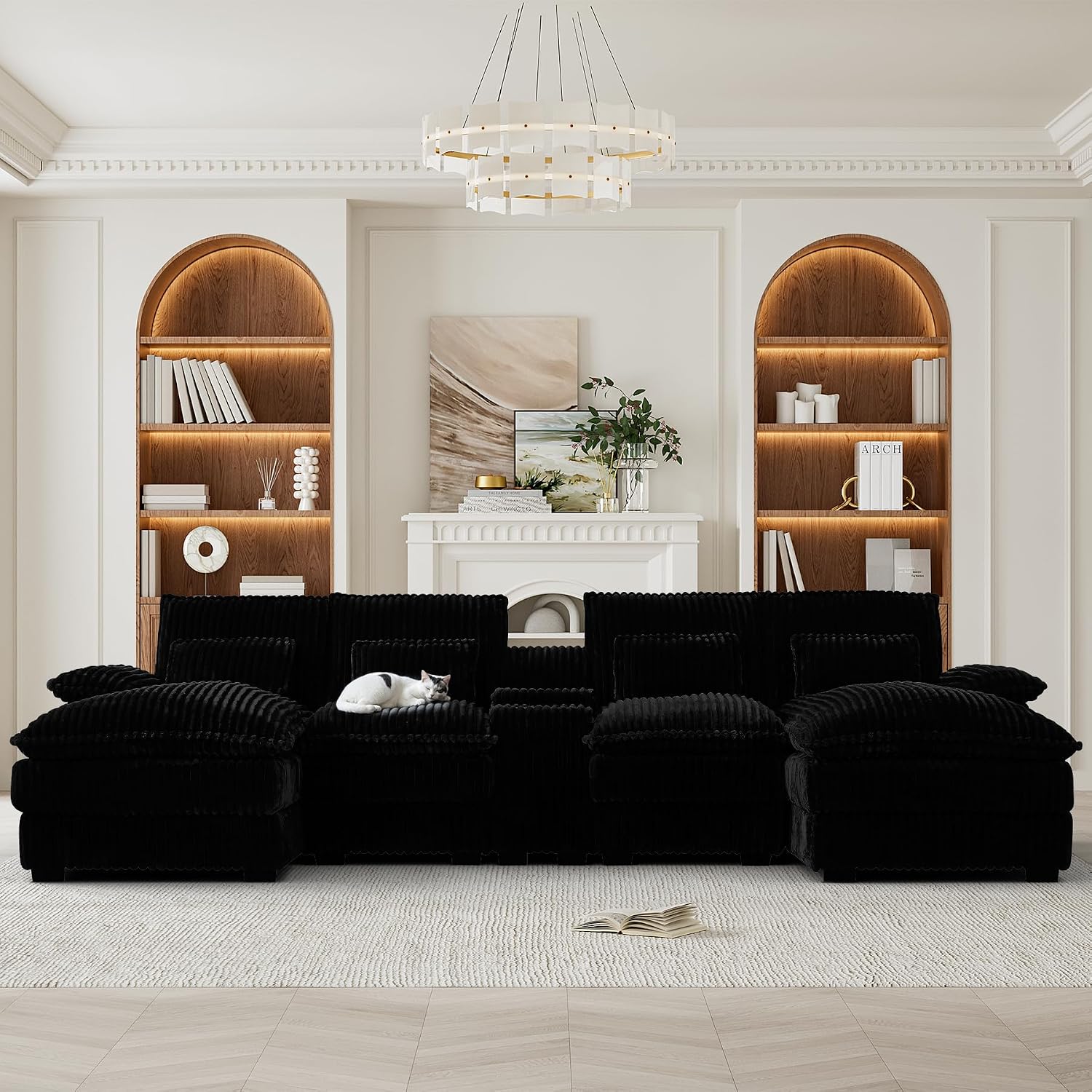 HYJT-H&K 124' U Shaped Cloud Couch Sectional, Comfy Fluffy Plush Corduroy Dark Black Sectional Couches for Living Room, Modern Modular Corduroy Couch Sectionals with Central Console & Double Chaise