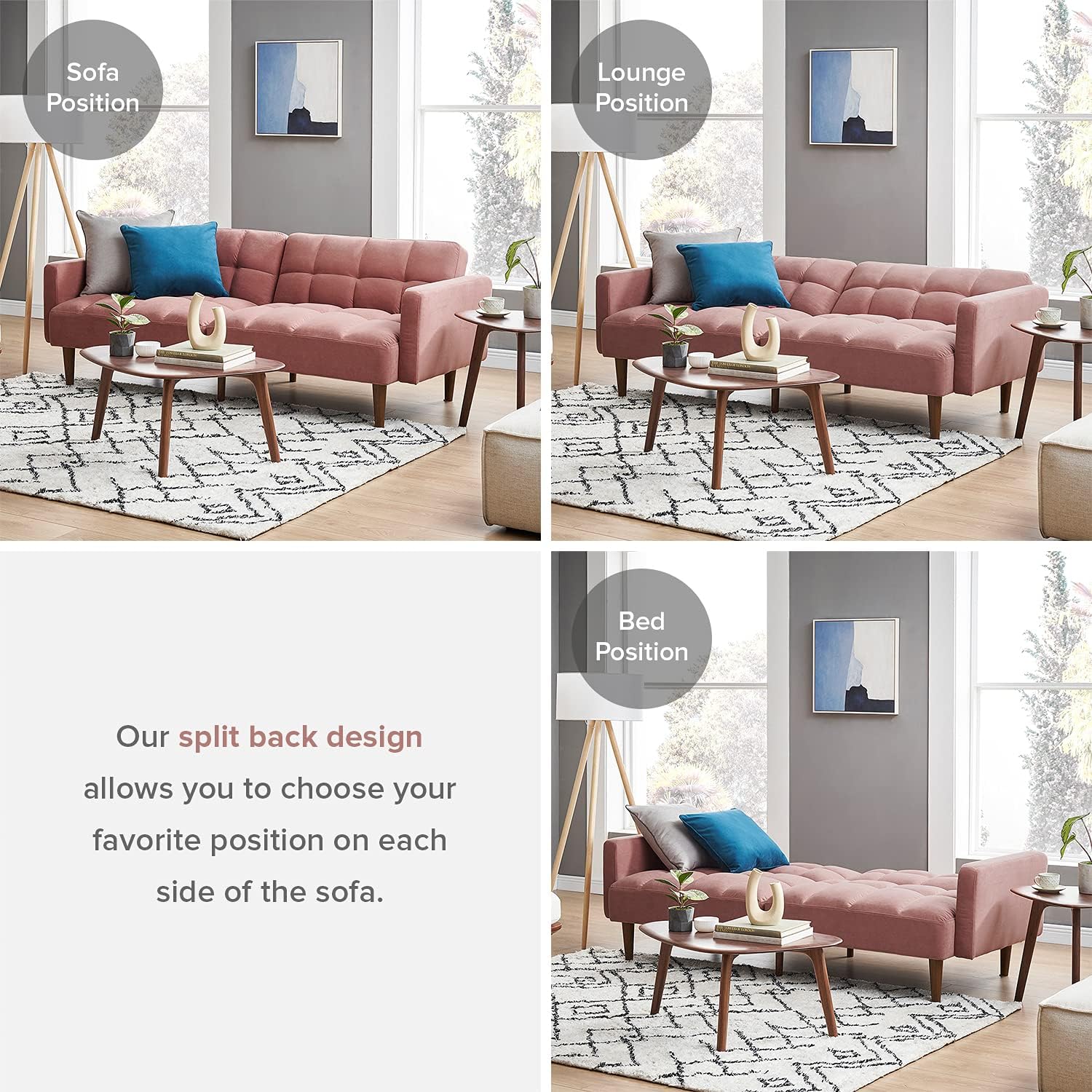 mopio Aaron 76.8' Couch, Small Futon Sofa Bed, Sleeper, Loveseat, Mid Century Modern Futon Couch, Sofa Cama, Couches for Living Room, Bedroom (Old Rosa, Velvet)