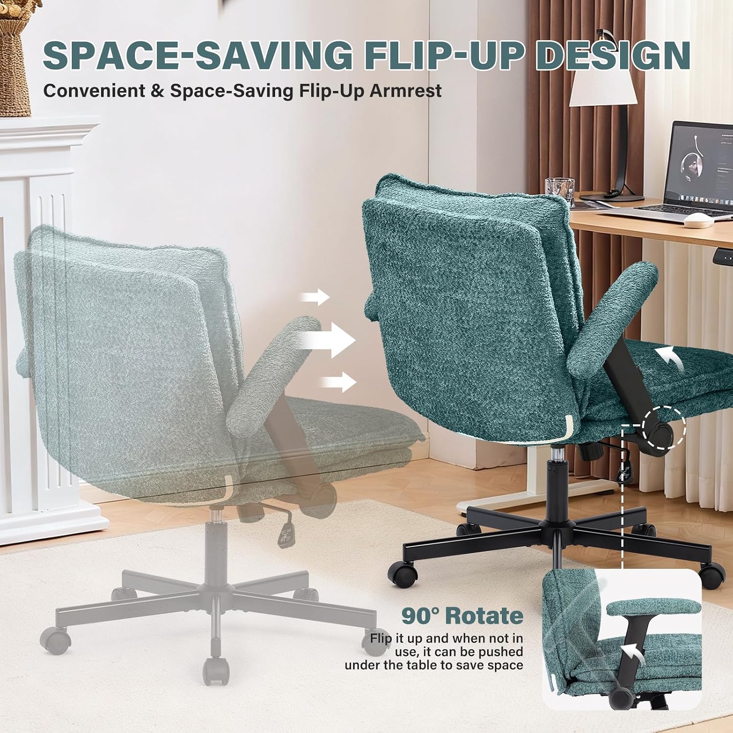 Kassipo Criss Cross Legged Office Chair with Wheels and Flip-Up Arms, Upholstered Criss Cross Desk Chair, Wide Seat Chairs for Home Office, Vanity, Apartment, Green