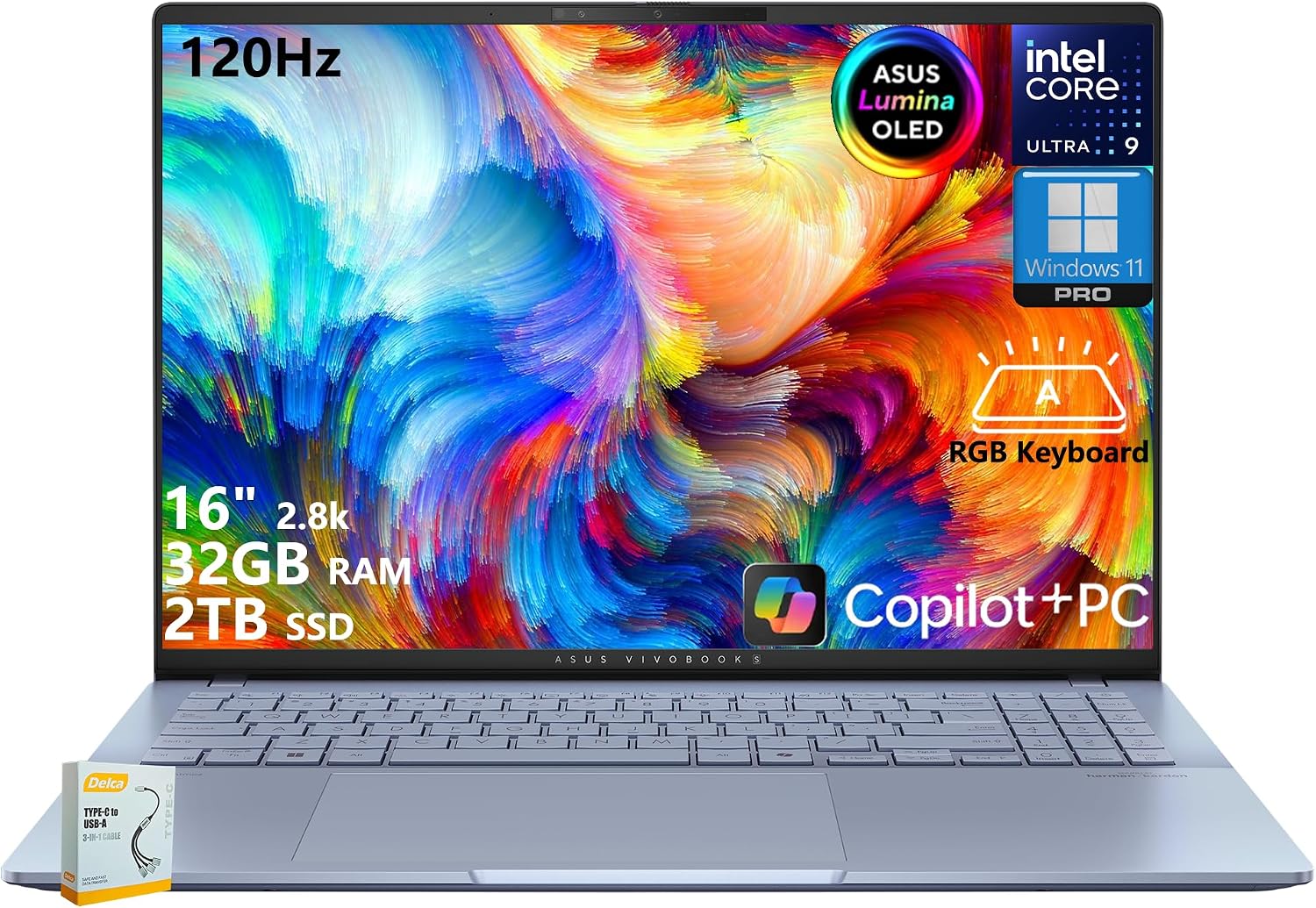 ASUS Vivobook S16 AI PC Laptop | 16' 2.8k OLED 120Hz | Intel Core Ultra 9 285H | 32GB RAM 2TB SSD | RGB Backlit for Creator Designer Business Professional Win11 Pro w/DLCA Accessory