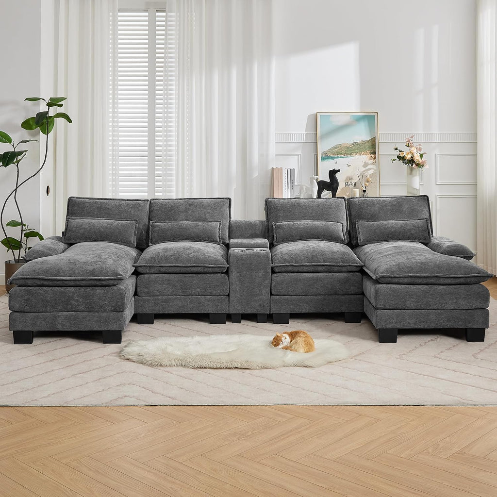 125'' U Shaped Cloud Modular Sofa, Chenille Upholstered Comfy Sectional Couch with Storage Console, USB Charging Ports & Cup Holders, Modern Deep Seat Sofa for Living Room, Grey