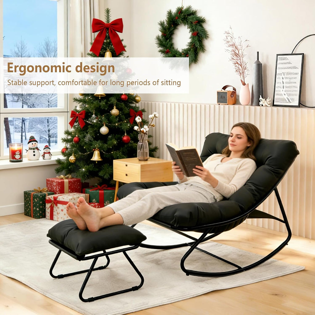 Outdoor Rocking Chair with Ottoman, Comfy Oversized Papasan Chair, Modern Upholstered Egg Gliders, 300 Lbs Wide Recliner Lounge Rocker for Bedroom, Living Room, Patio, Porch, Balcony(Black)