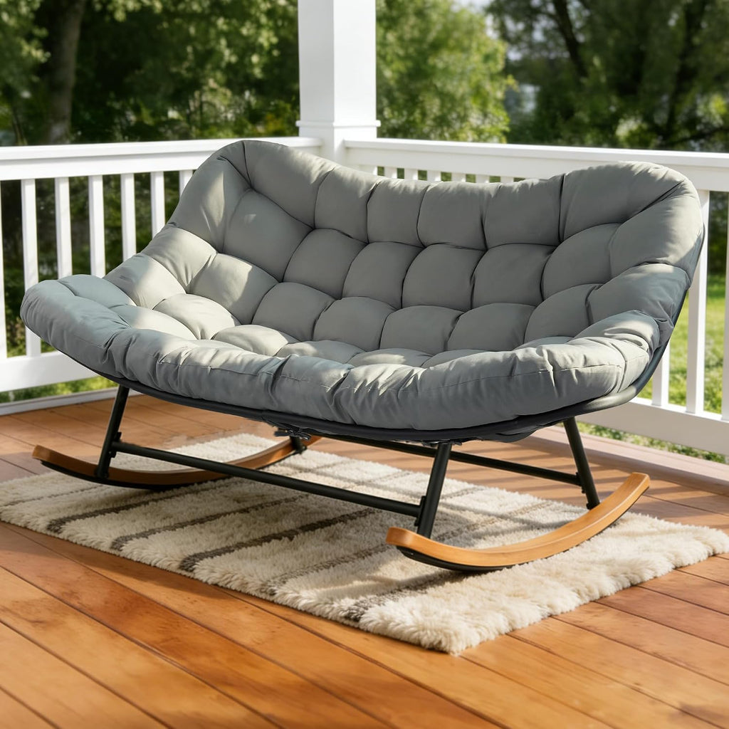 Oversized Double Papasan Rocking Chair Outdoor Indoor for 2, 660 lbs Heavy Duty Patio Rocking Chair with Thick Cushion, Comfy Egg Loveseat Recliner for Balcony Backyard Garden, Grey