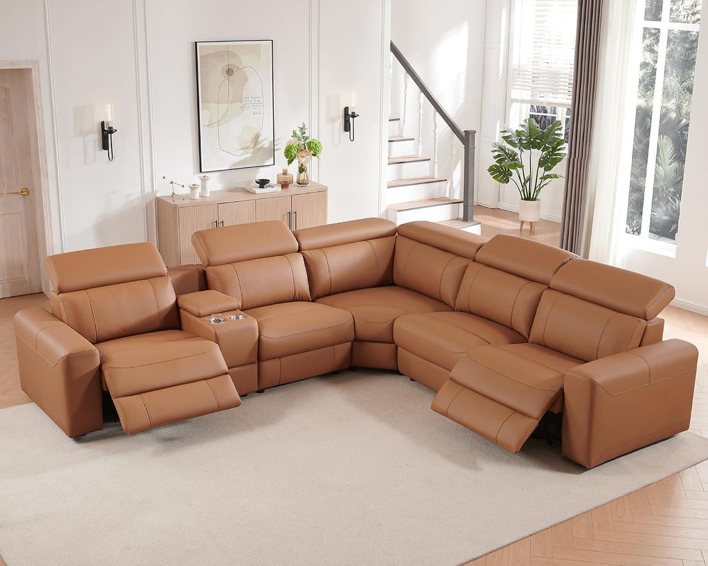 AMERLIFE Power Recliner Sectional Sofa with Storage/USB Port, Leather Recliner Sofa with Adjustable Headrest, Reclining Sectional Couches with Console and Cup Holder for Living Room (Brown, 5-Seater)