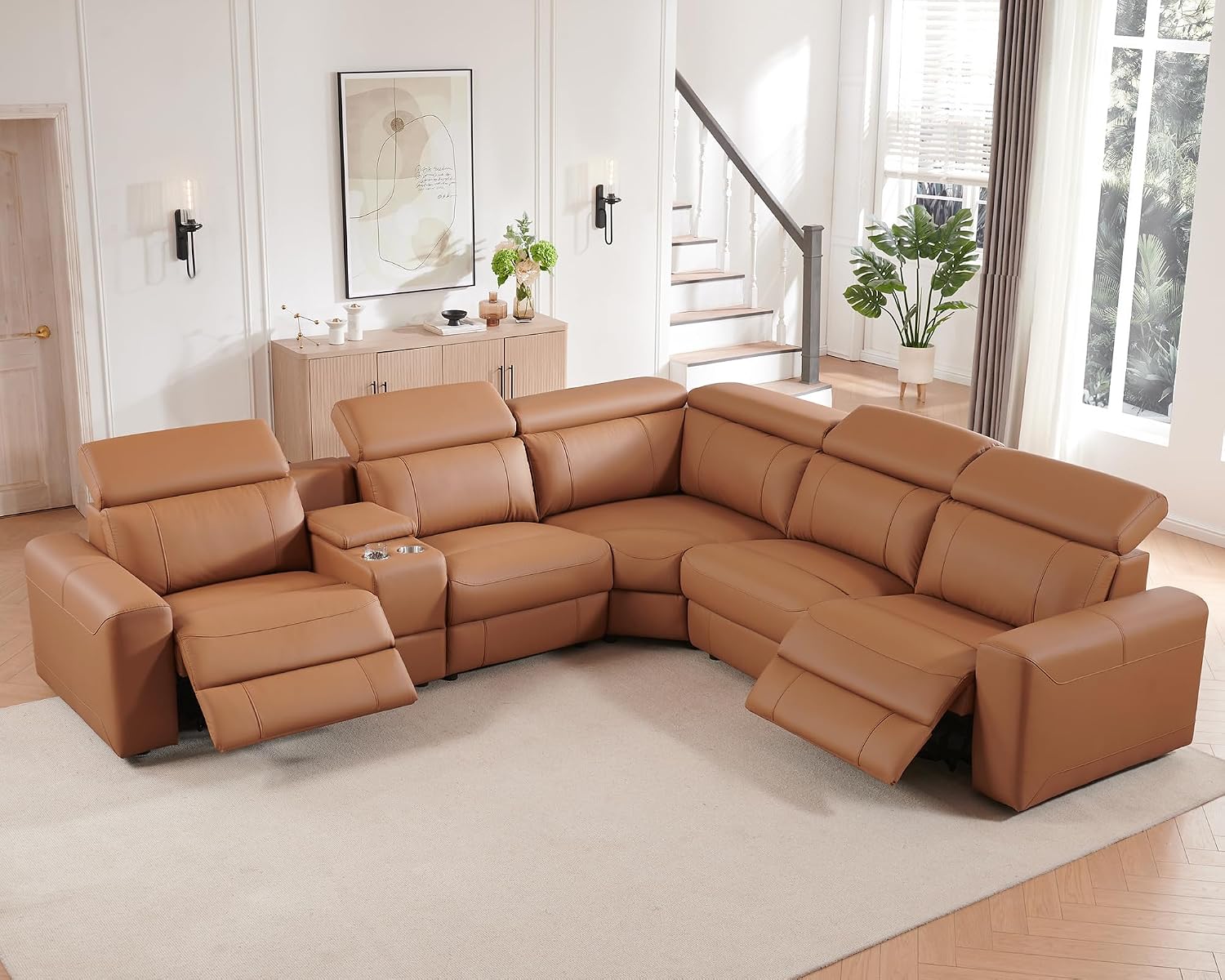 AMERLIFE Power Recliner Sectional Sofa with Storage/USB Port, Leather Recliner Sofa with Adjustable Headrest, Reclining Sectional Couches with Console and Cup Holder for Living Room (Brown, 5-Seater)