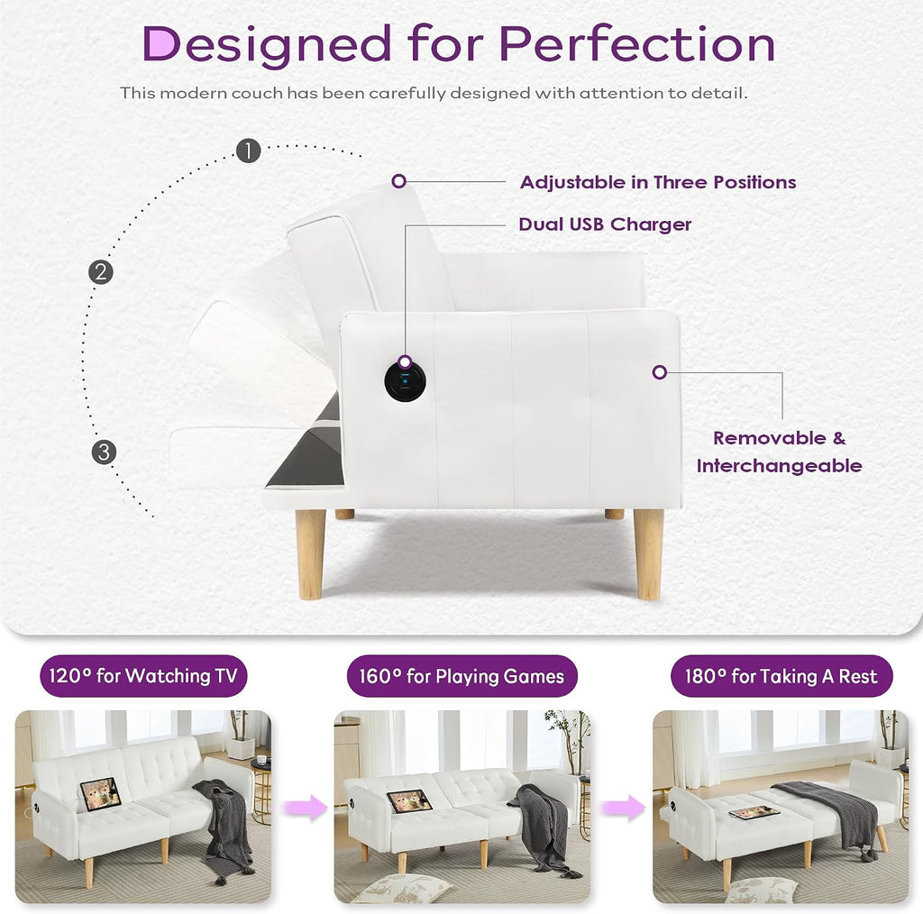TYBOATLE Modern White Faux Leather Upholstered Convertible USB Folding Futon Sofa Bed, 65' Couch, Love Seats Furniture for Small Space Configuration, Apartment, Dorm, Living Room, Office