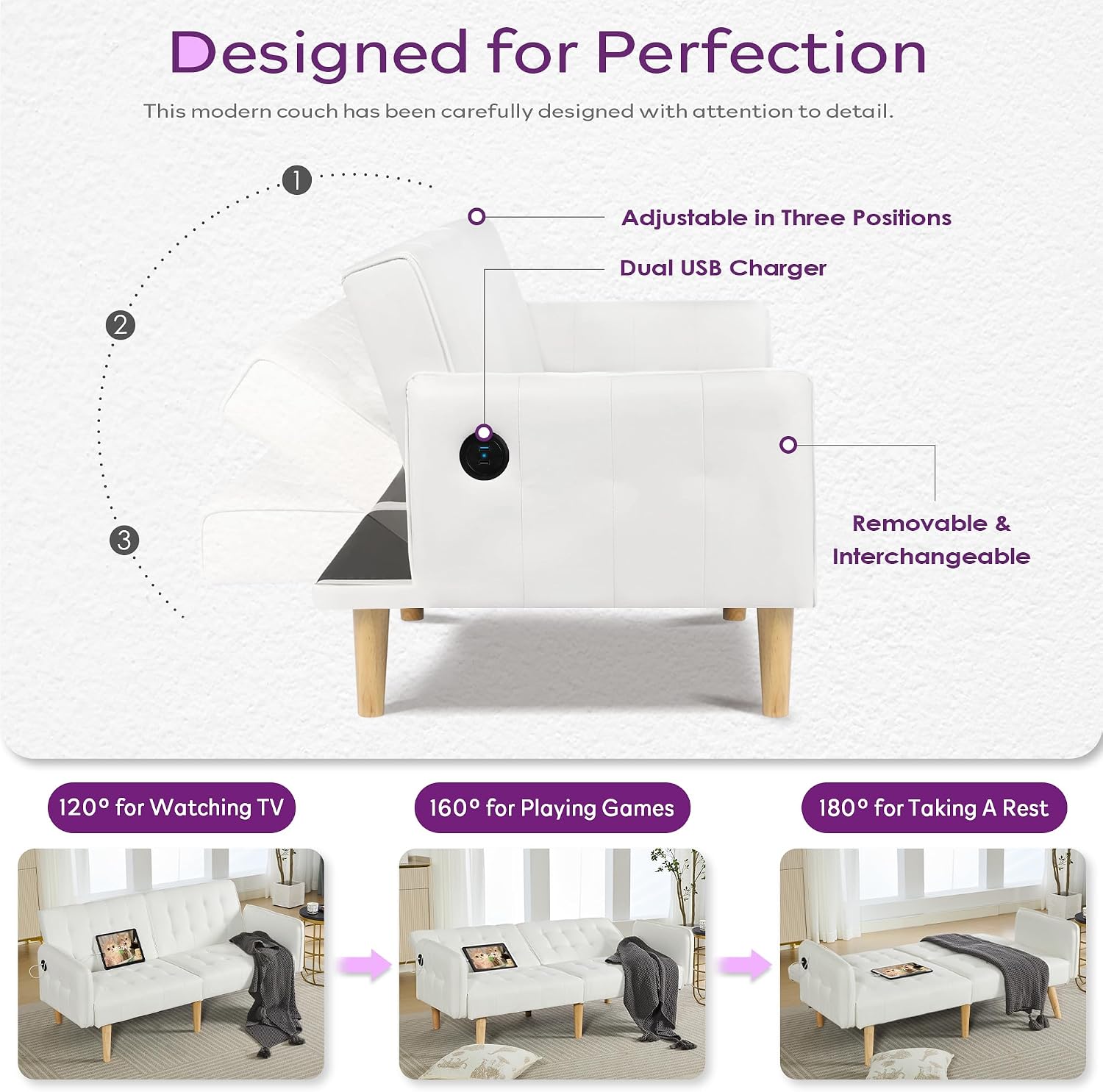 TYBOATLE Modern White Faux Leather Upholstered Convertible USB Folding Futon Sofa Bed, 65' Couch, Love Seats Furniture for Small Space Configuration, Apartment, Dorm, Living Room, Office