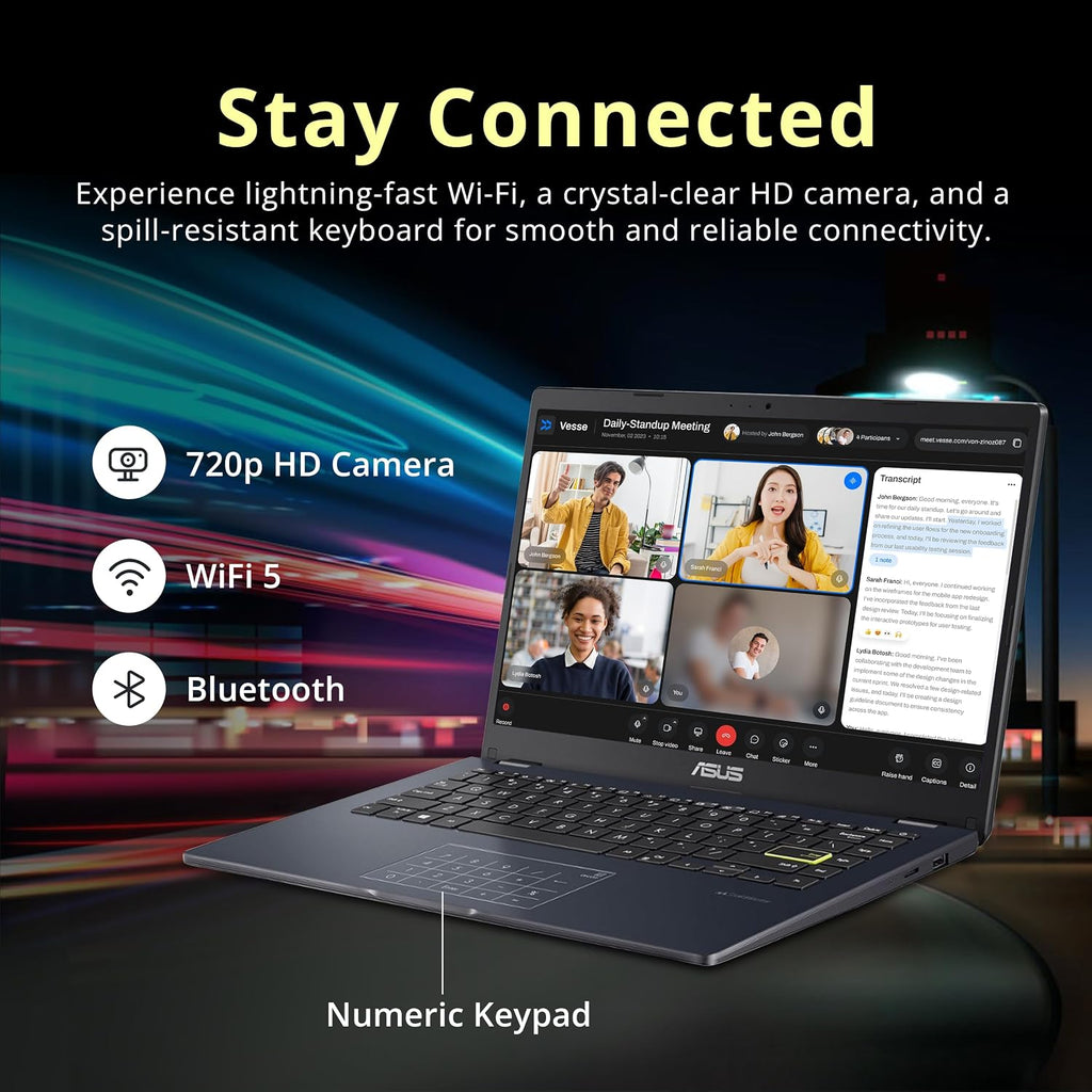 ASUS Vivobook Go 14' FHD Business Laptop, Intel Celeron N4500, 4GB RAM, 288GB Storage (128GB eMMC + 160GB Docking Station Set), Intel UHD Graphics, Number Pad, HD Webcam, Wi-Fi, Windows 11, Star Black