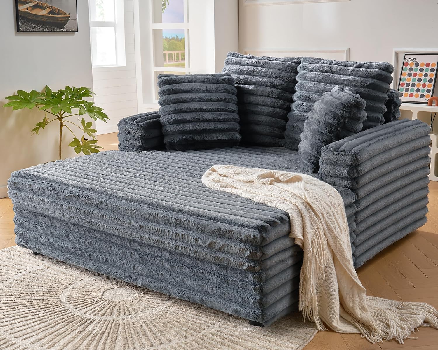 VanAcc 58-Inch Faux Fur Convertible Sofa Bed, Plush Chaise Lounge with Removable Pillows and Armrests for Living Room, Dark Grey