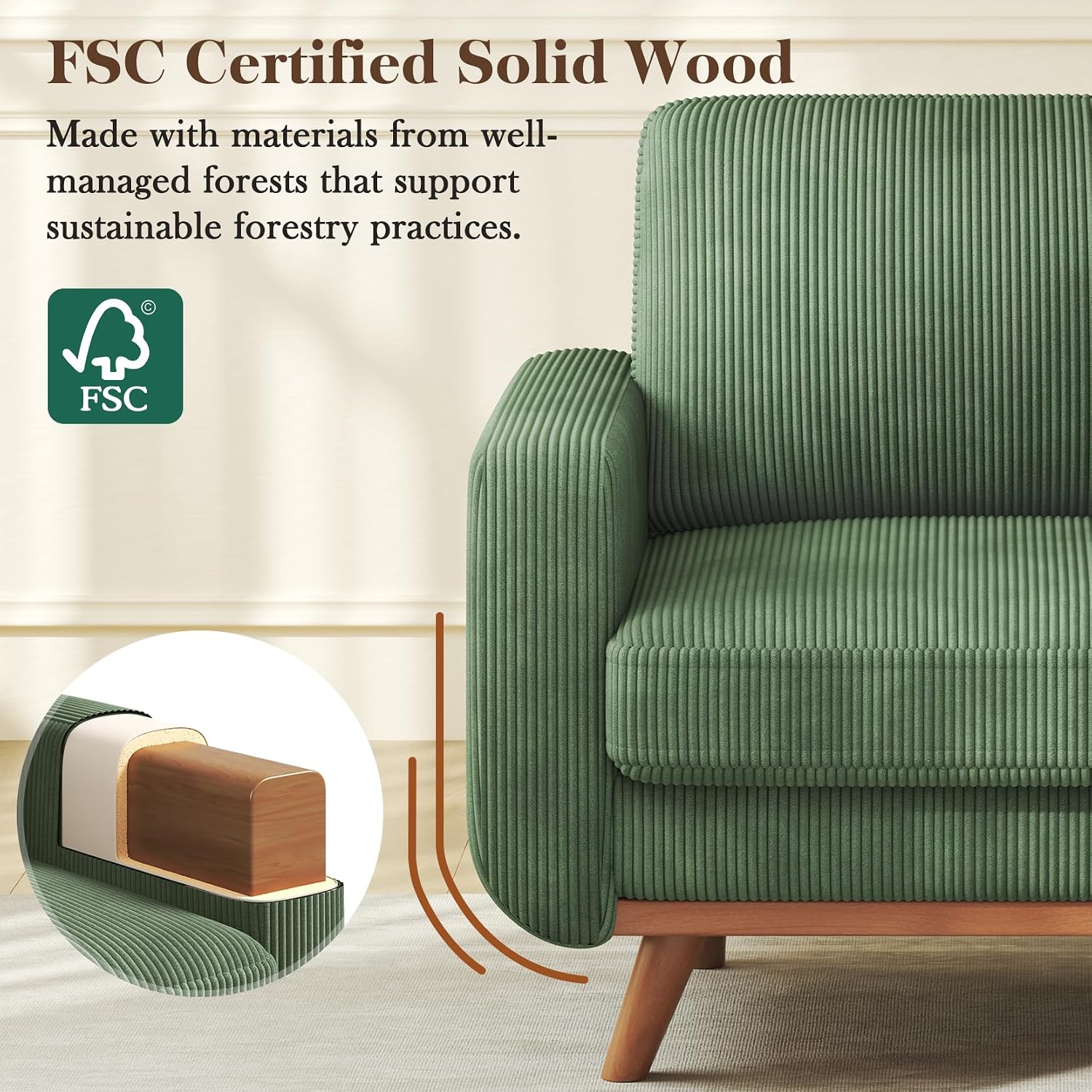 Vesgantti 38.5' Accent Chair Green, Comfy Corduroy Single Sofa Seat with Spring Cushion, Upholstered Armchair with Deep Seat, Reading Chair for Adults, Modern Sofa for Living Room, Bedroom