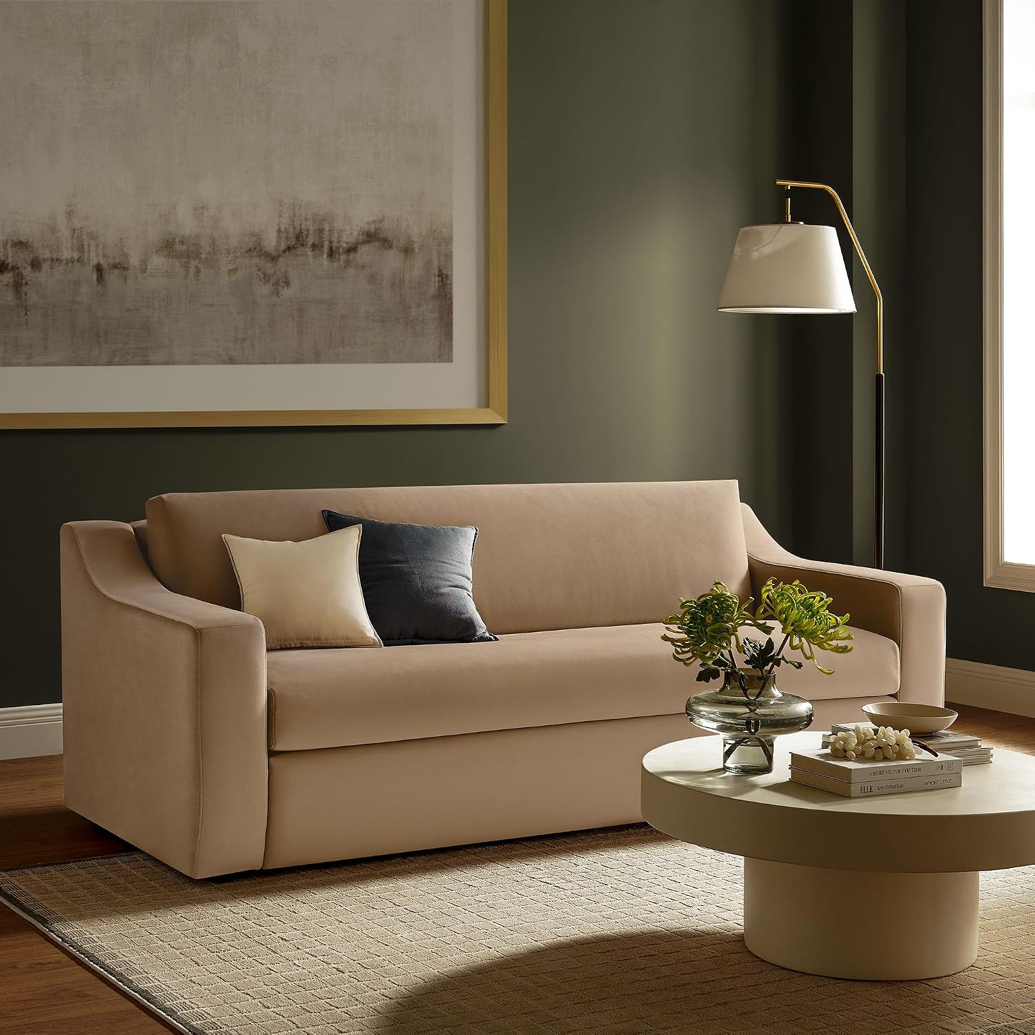 Modway Liora 87 Inch Stain-Resistant Performance Velvet Sofa in Taupe