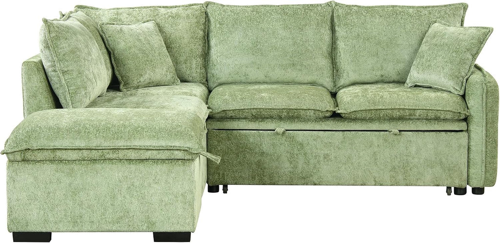 LUMISOL 82.7' Convertible Sleeper Sofa Bed with Storage Ottoman, L-Shaped Sectional Sofa with Pull Out Bed, USB Ports, Chenille Sleeper Sofa Couch with Chaise for Living Room, Green