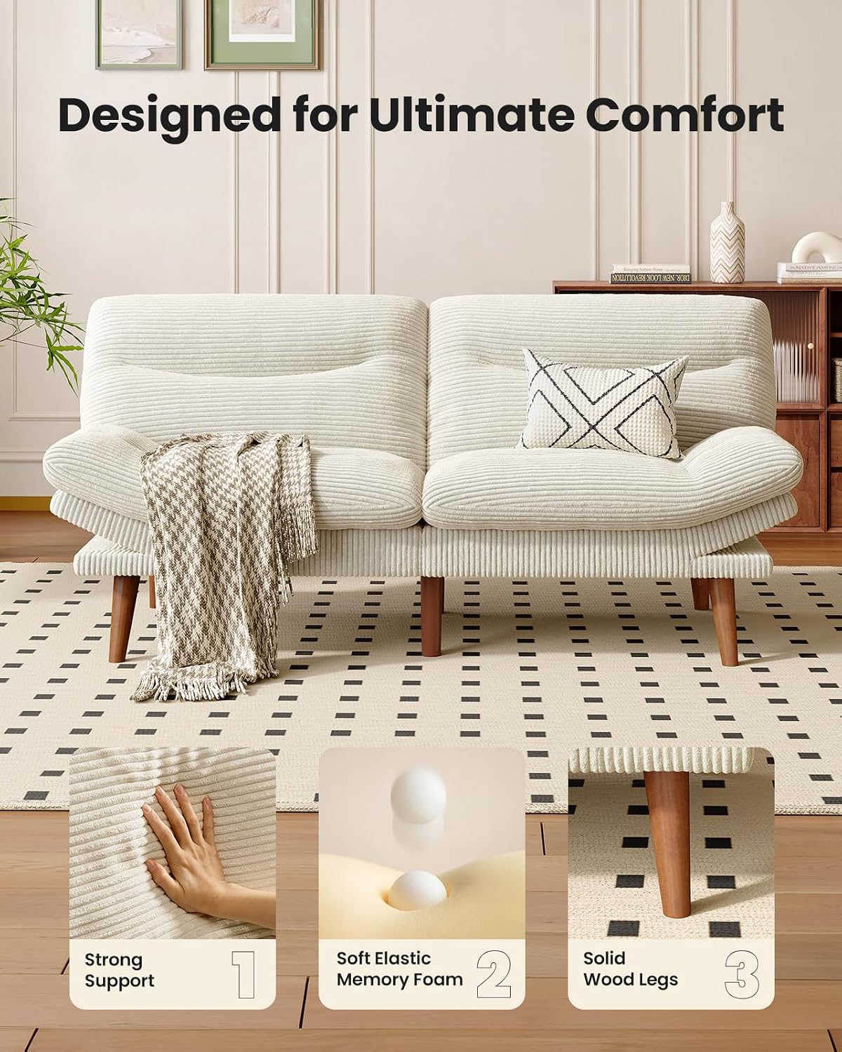 AMADA 66'Convertible Futon Sofa Bed, Corduroy Folding Futon Set with Adjustable Backrest &Armrests, Recliner Lounge for Living Room, Apartment or Office, Solid Wood Frame, Loveseat Sofa - Beige White