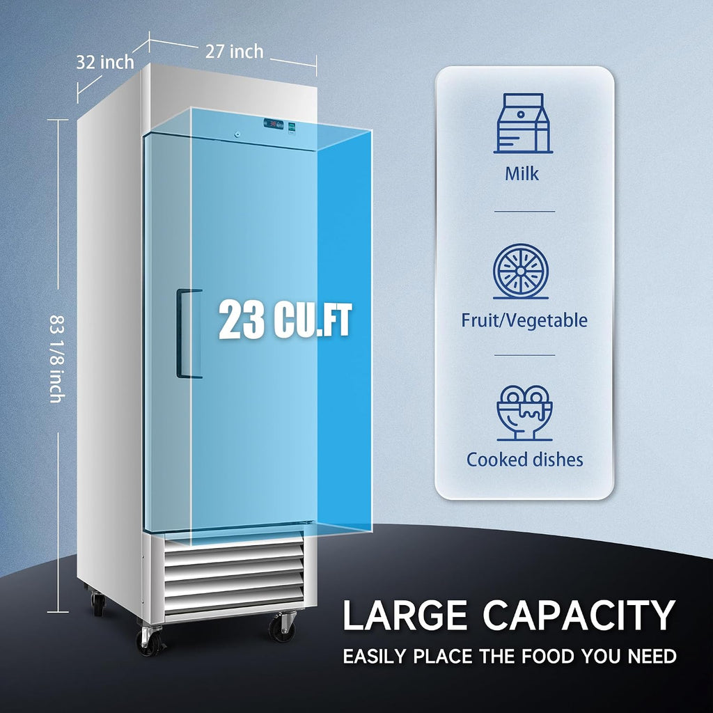 DeepTide 27' W Commercial Refrigerator with Single-Door: 23 Cubic Feet Storage, Adjustable Shelving, Automatic Defrosting, Precision Digital Thermostat, LED Lights, Safety Locks