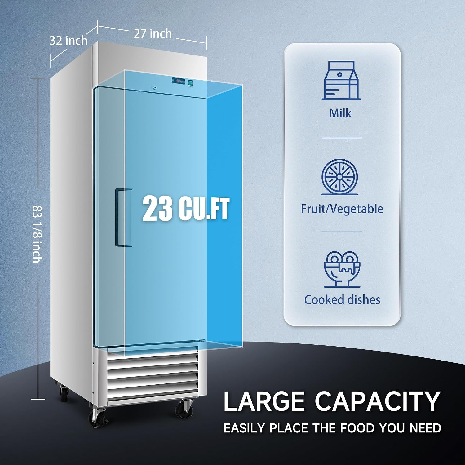 DeepTide 27' W Commercial Refrigerator with Single-Door: 23 Cubic Feet Storage, Adjustable Shelving, Automatic Defrosting, Precision Digital Thermostat, LED Lights, Safety Locks