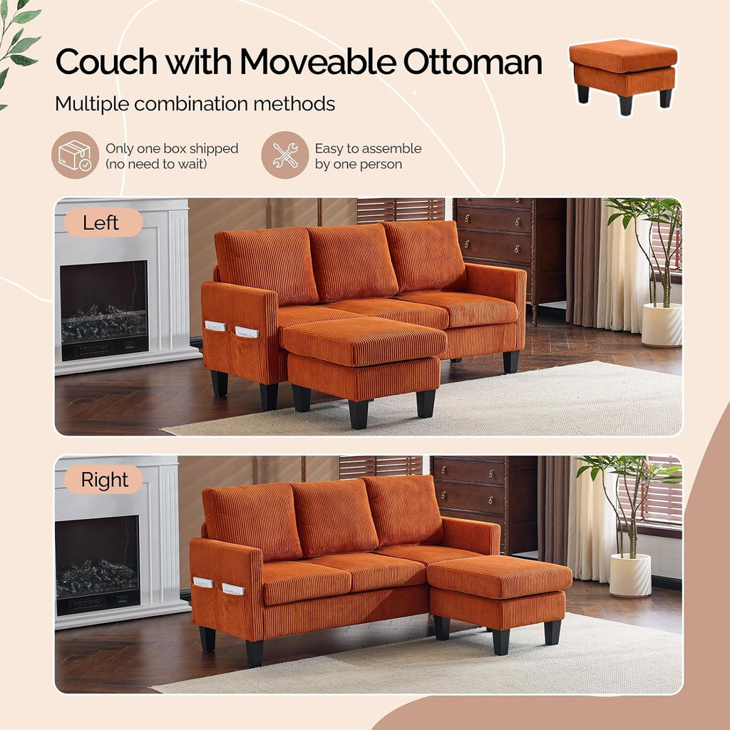 VINGLI 68.5' L Shaped Couch with Movable Storage Ottoman, Convertible Sectional Sofa in Soft Corduroy Fabric, Modern Reversible Chaise Couch for Small Spaces, Apartment, Living Room，Orange