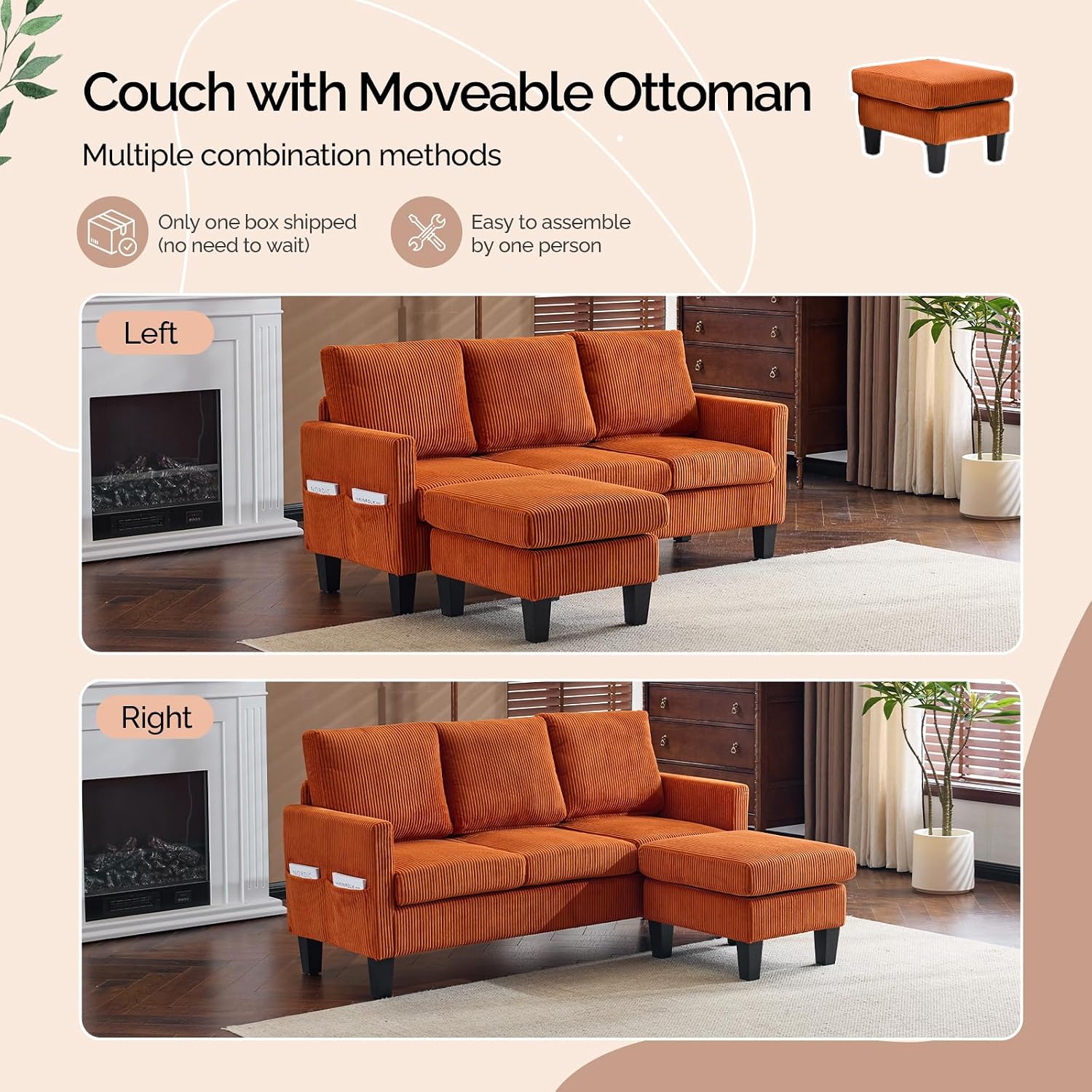 VINGLI 68.5' L Shaped Couch with Movable Storage Ottoman, Convertible Sectional Sofa in Soft Corduroy Fabric, Modern Reversible Chaise Couch for Small Spaces, Apartment, Living Room，Orange