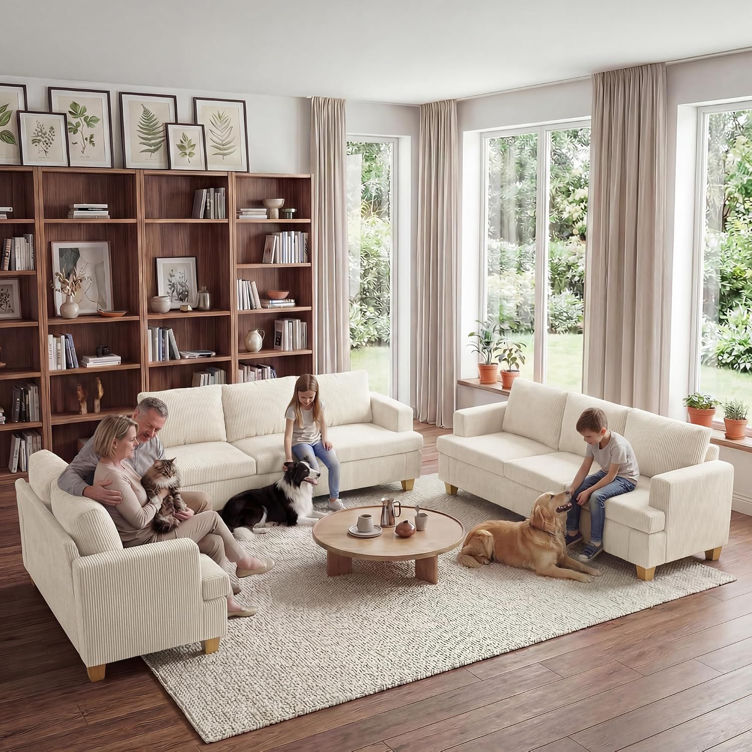 Apicizon 3 Piece Sofa Set 89'' 3-Seat Couch Sofa with Loveseat, Set of 3 Corduroy Couches for Living Room, Modern Lounge Sofa Couches for Apartment Lounge, White Corduroy Living Room Set