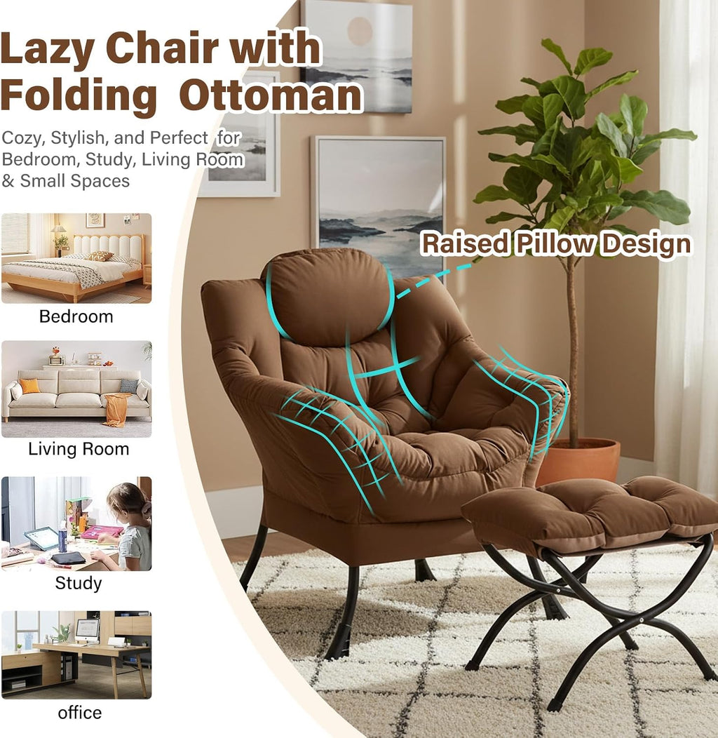 Furlide Lazy Chair with Ottoman, Modern Accent Chairs with Folding Footrest, Dark Brown Sofa Chair Set, Comfortable Reading Chairs, Oversized Armchairs for Bedroom, Study, Living Room, Courtyard