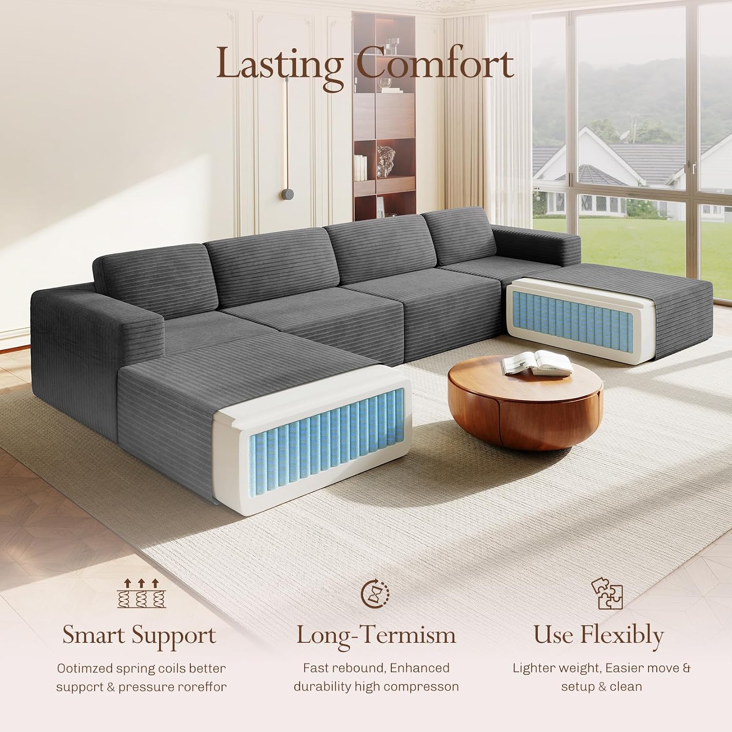 Vesgantti 159' Large Modular Sectional Sofa, U-Shaped Corduroy Cloud Couch with Deep Seats & Spring Support, 4-Seater Boneless Sofa with 2 Movable Ottomans, No Assembly Needed, Grey