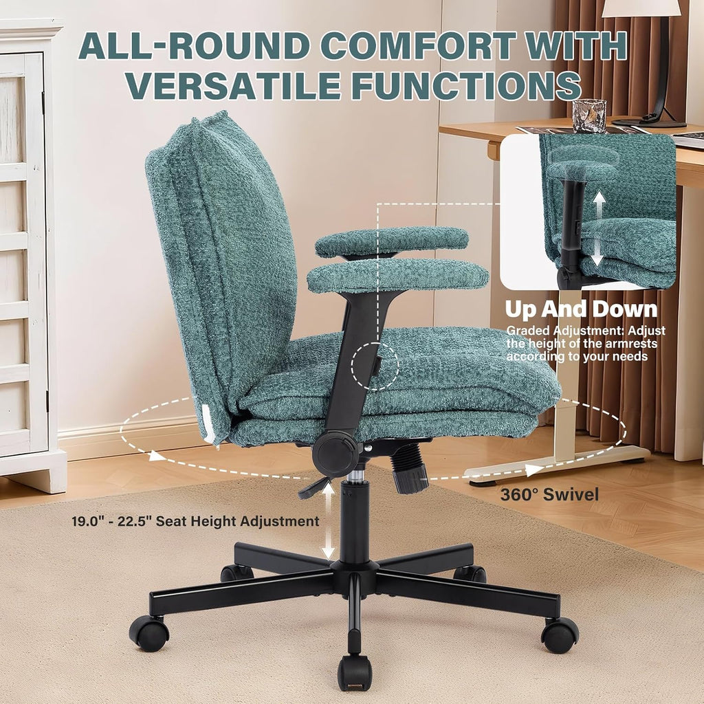 Kassipo Criss Cross Legged Office Chair with Wheels and Flip-Up Arms, Upholstered Criss Cross Desk Chair, Wide Seat Chairs for Home Office, Vanity, Apartment, Green