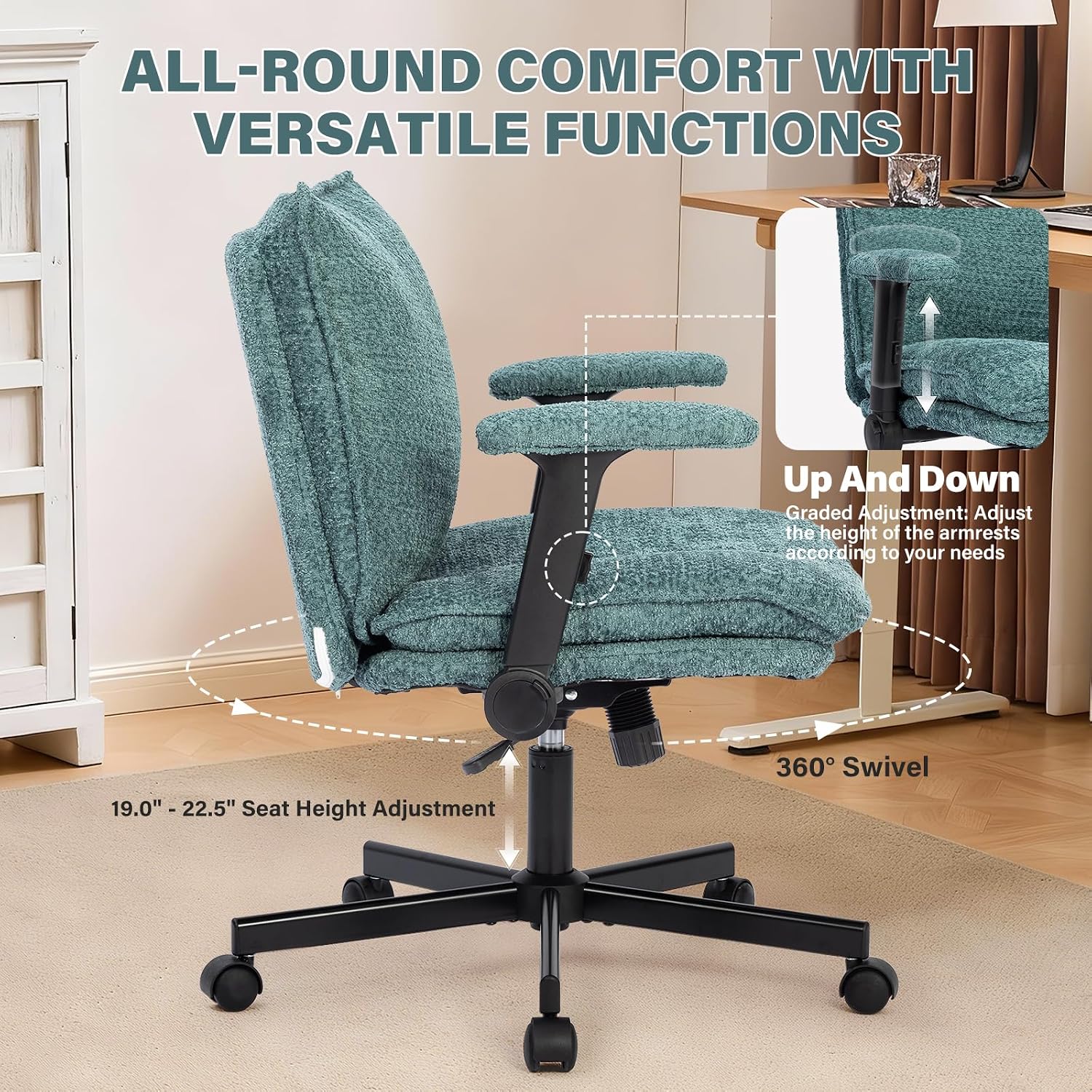 Kassipo Criss Cross Legged Office Chair with Wheels and Flip-Up Arms, Upholstered Criss Cross Desk Chair, Wide Seat Chairs for Home Office, Vanity, Apartment, Green