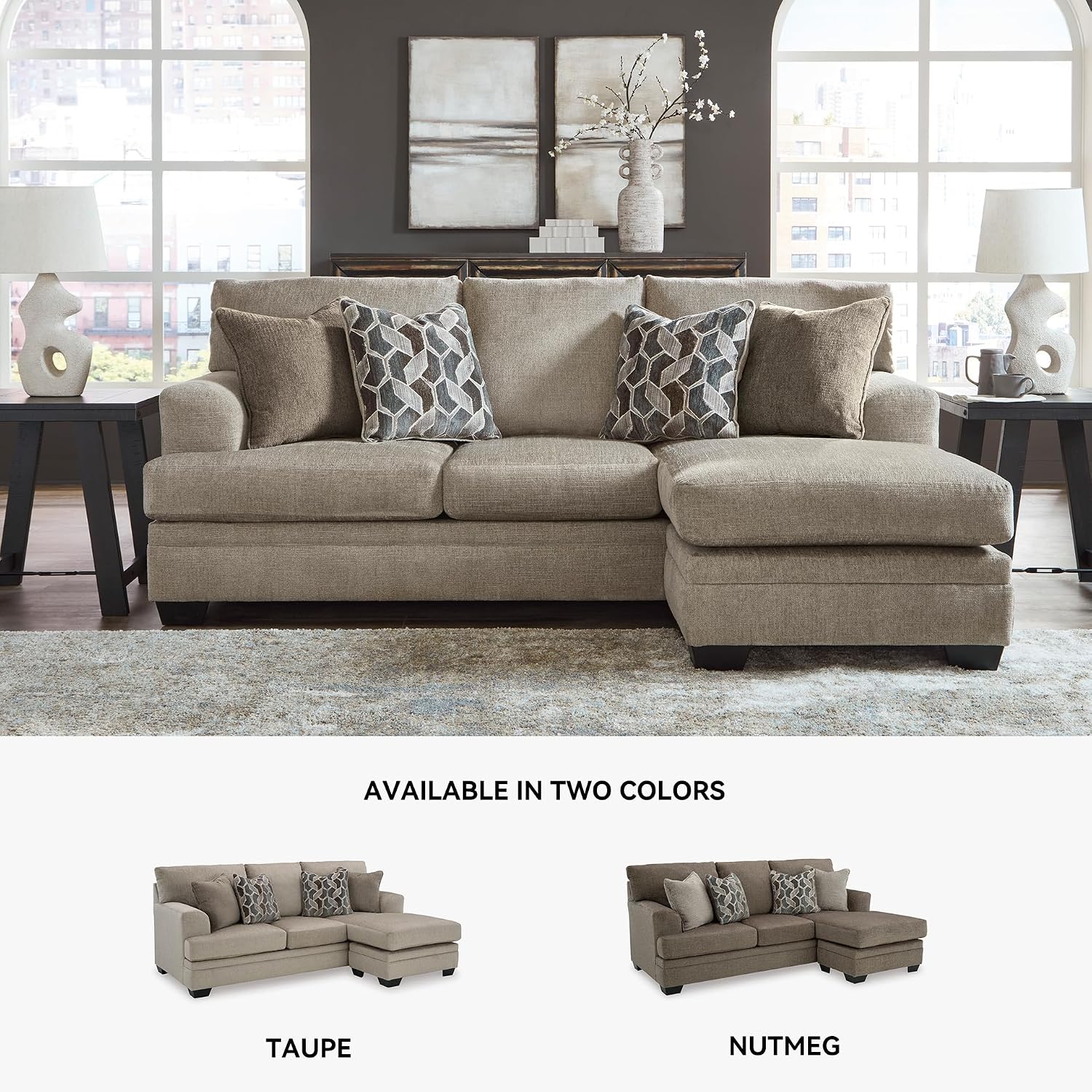 Signature Design by Ashley Stonemeade Casual Right-Arm Facing Sofa Chaise with 4 Toss Pillows, Light Brown