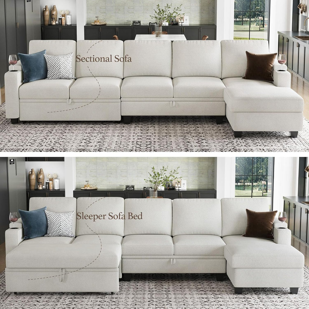 Belffin Modular Sectional Sleeper Sofa Bed with Storage Chaise L Shaped Sectional Couches for Living Room Armrest with Cup Holder. White Couch
