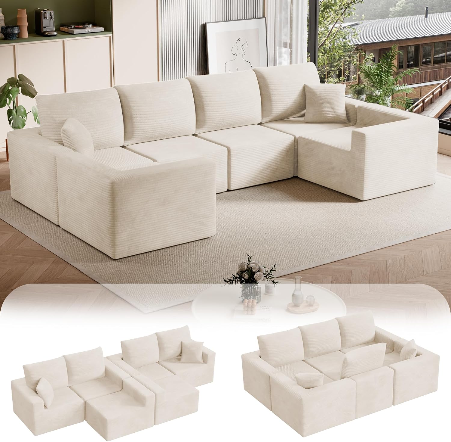 Homall Sectional Couches for Living Room, Modern Boneless Couch with Deep Seat, Upholstered Cloud Sofa, No Assembly Required (Beige, Oversized Sofa)