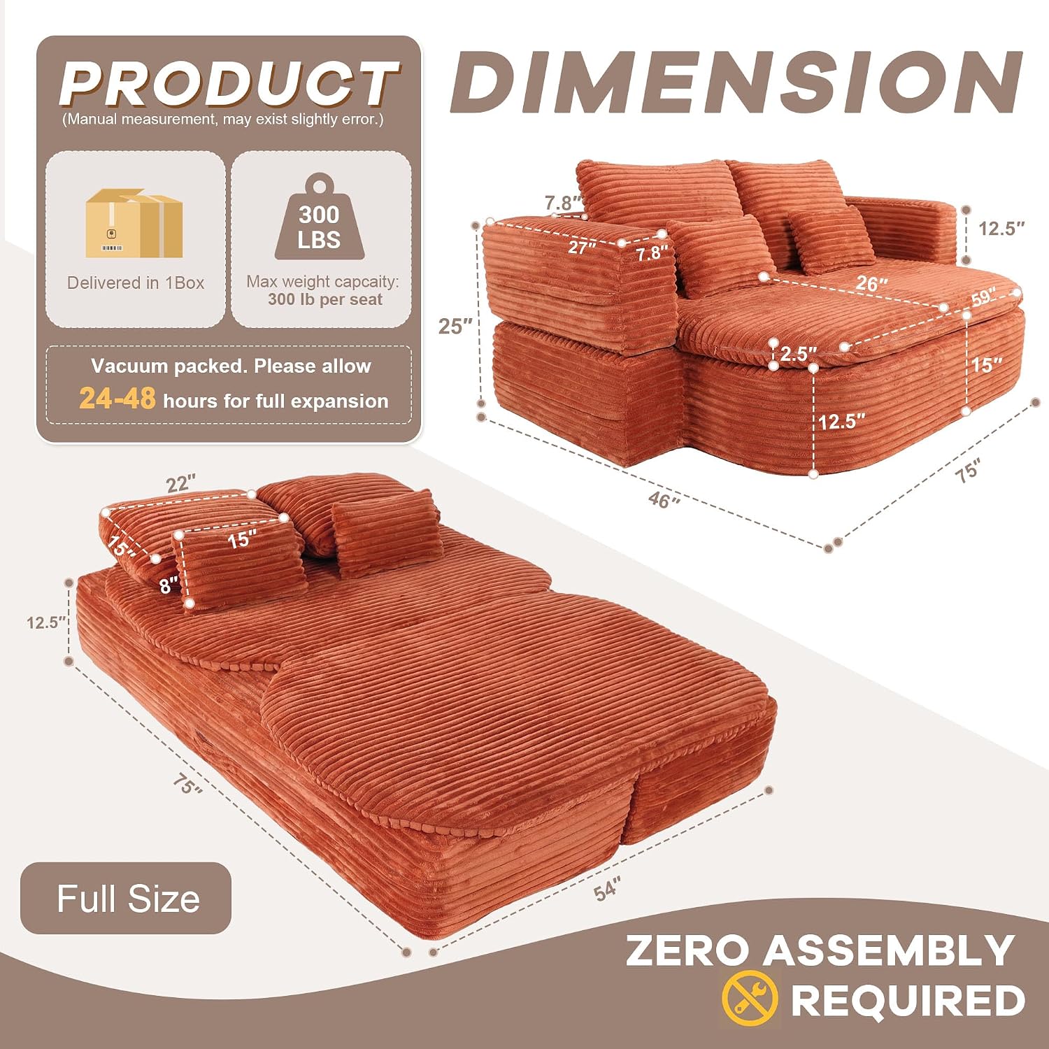 75'' Folding Sleeper Sofa Bed, Convertible Memory Foam Boneless Couch, Foldable Full Size Guest Bed, Modern 2-in-1 Futon Floor Sleeper Sofa with 4 Pillows and Blanket (Corduroy, Orange)