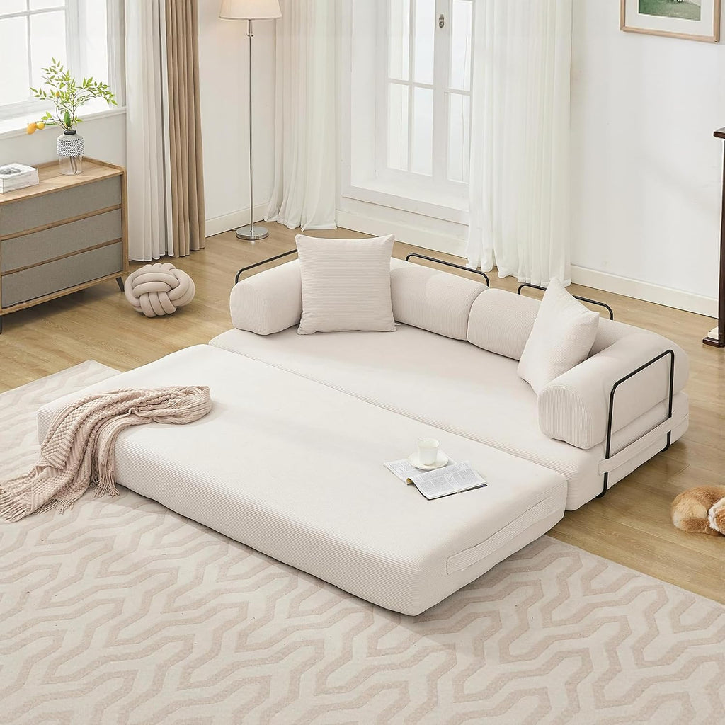 ZEIINPA Convertible Sleeper Sofa Bed with Cylindrical Pillow, Corduroy Folding Mattress Couch with Fixed-Shape Frame, Floor Sofa Lounge Couch for Living Room Bedroom Lounge Studio, Beige