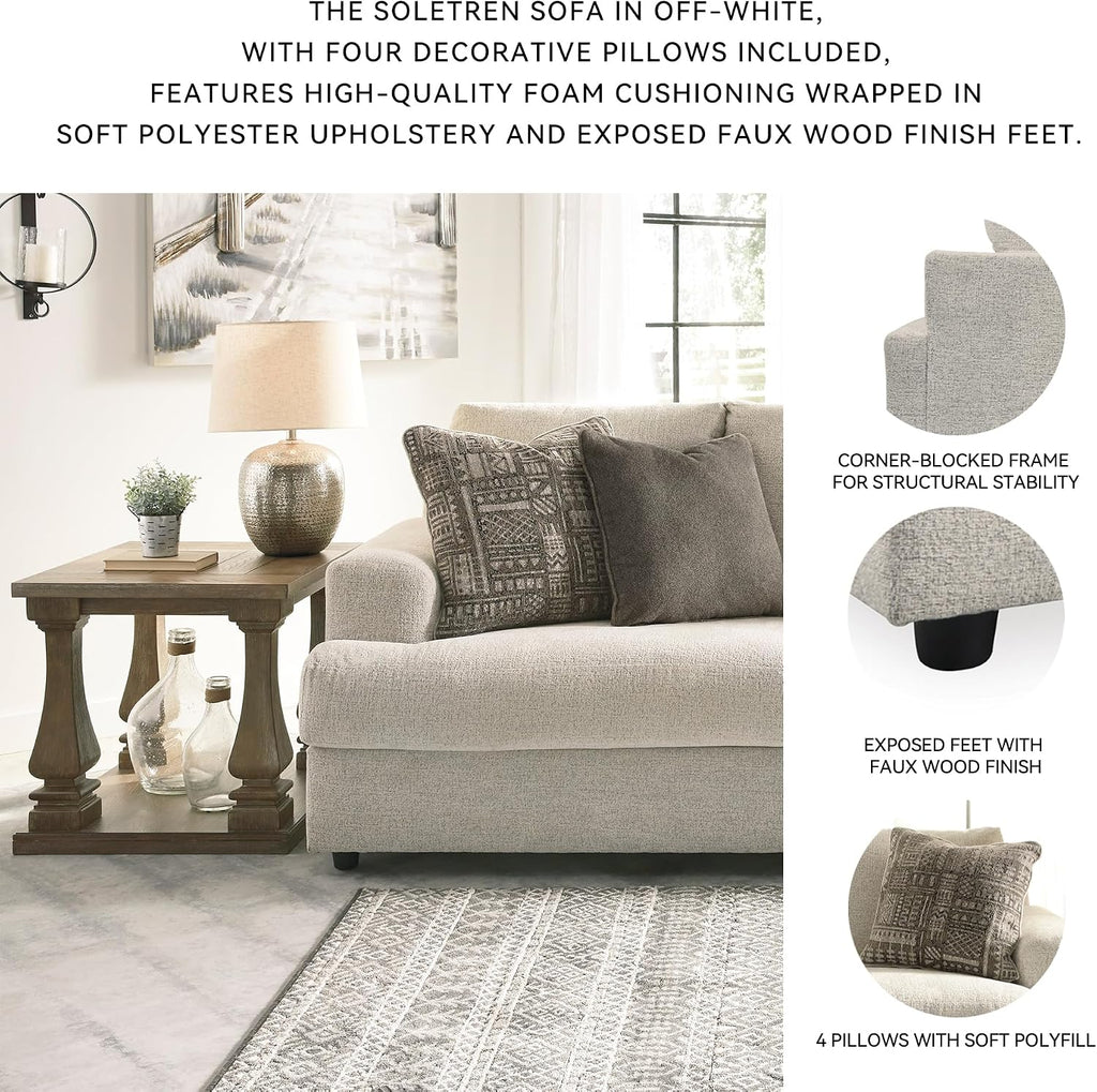 Signature Design by Ashley Soletren Contemporary Chenille Sofa with 4 Accent Pillows, Off-White