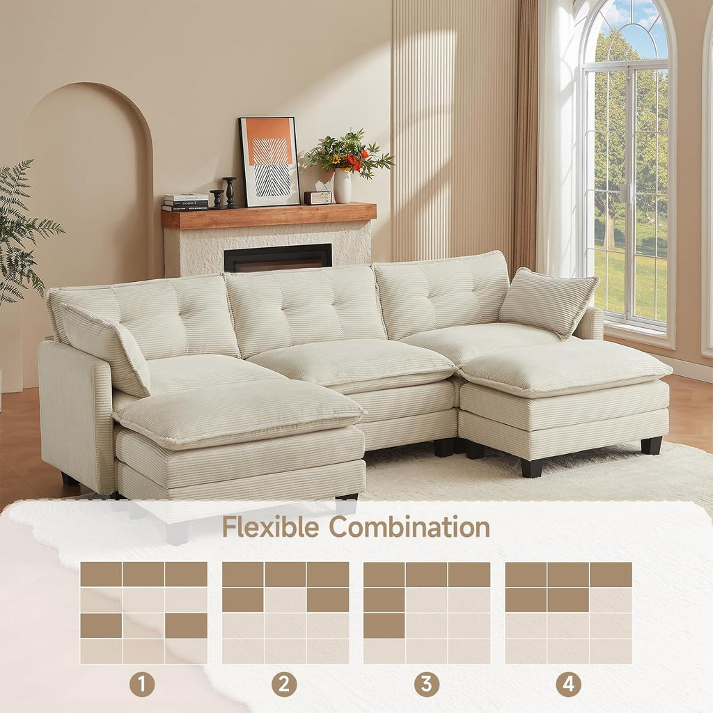 Amsleekey Modular Sectional Sofa, 111.5' U-Shaped Corduroy Comfy Sectional Couches for Living Room, 3-Seater Cloud Couches with 2 Movable Ottomans, Flexible Combination Modern Deep Seat Sofa (Beige)