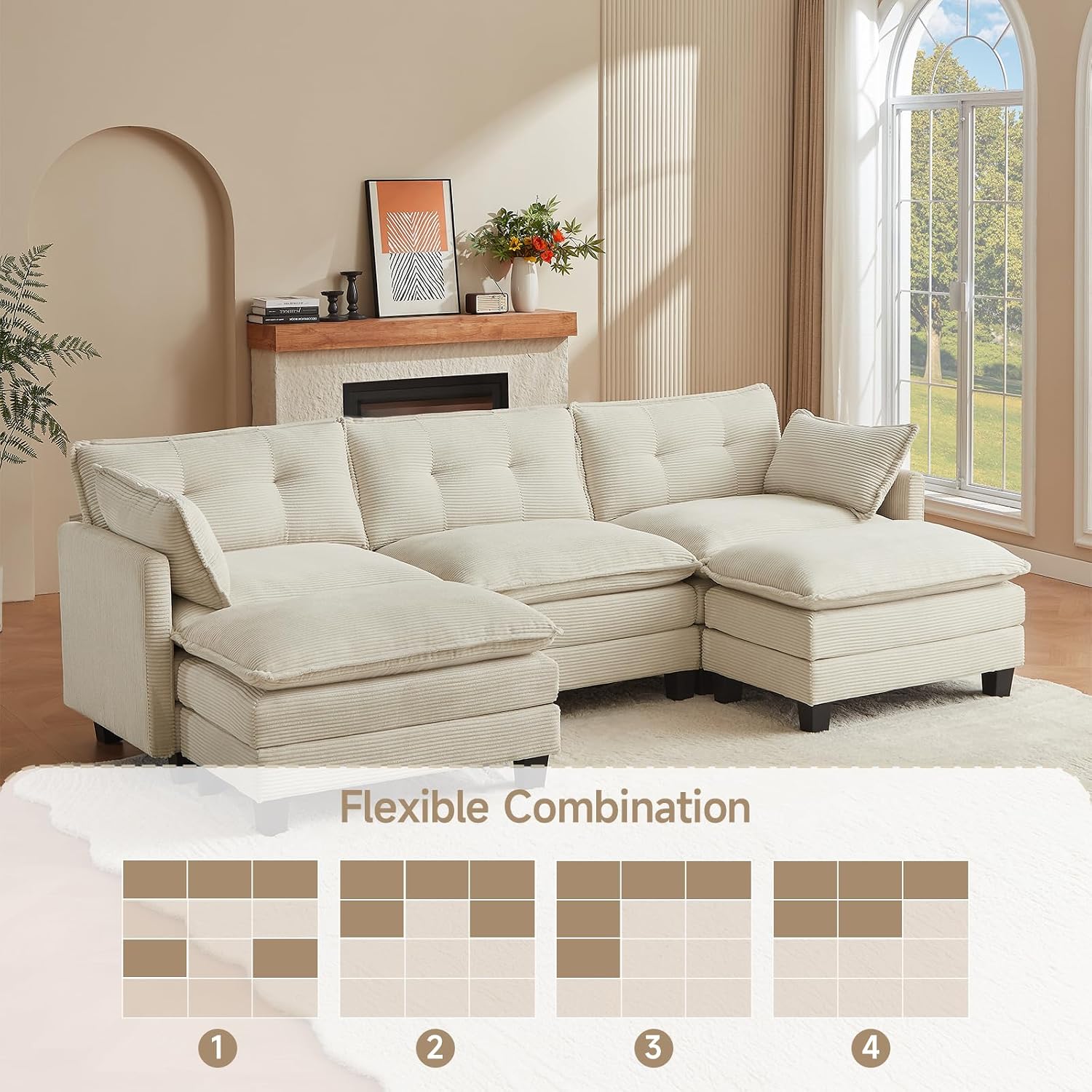 Amsleekey Modular Sectional Sofa, 111.5' U-Shaped Corduroy Comfy Sectional Couches for Living Room, 3-Seater Cloud Couches with 2 Movable Ottomans, Flexible Combination Modern Deep Seat Sofa (Beige)
