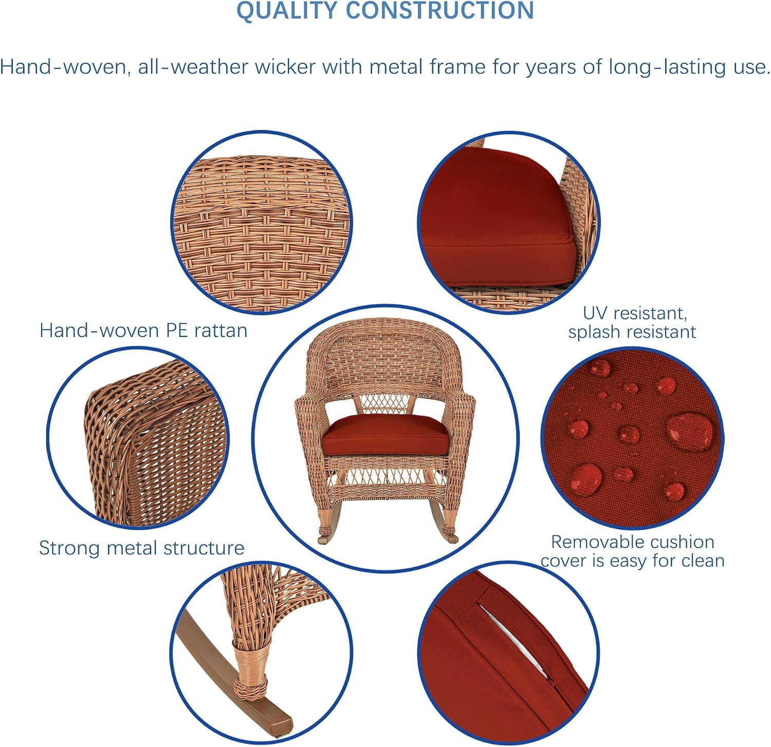 Jeco Rocker Wicker Chair with Red Cushion, Set of 2, Honey